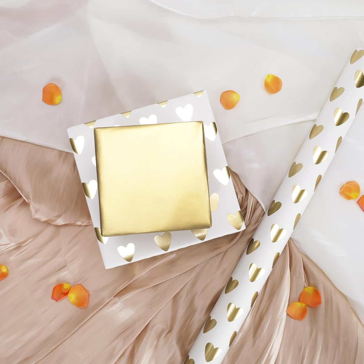 WRAPLA Luxury Wrapping Paper, White Gold Botanical Foil for Wedding Gifts