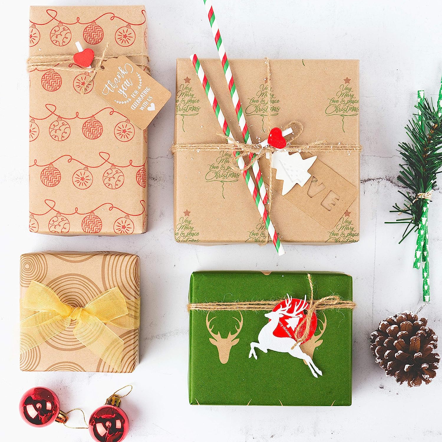 WRAPLA Christmas Wrapping paper - Kraft Paper with Red and Black Pattern For Wedding, Birthdays, Valentines, Christmas - 5 Roll - 76 cm X 3 m Per Roll