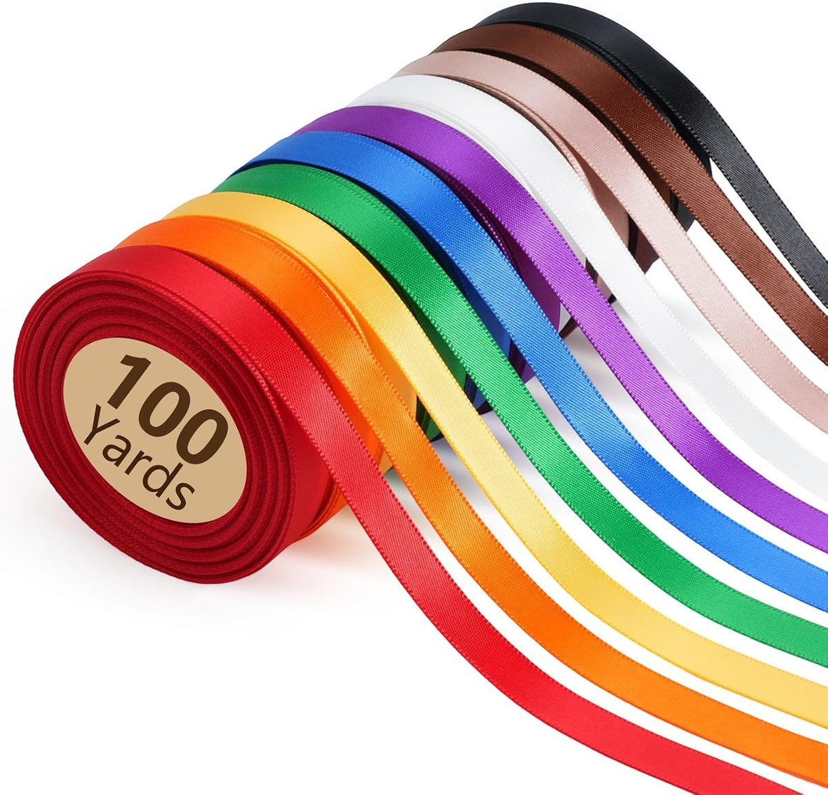 Double Faced Rainbow Satin Ribbon Set, 3/8" x 100 Yards, 10 Rolls