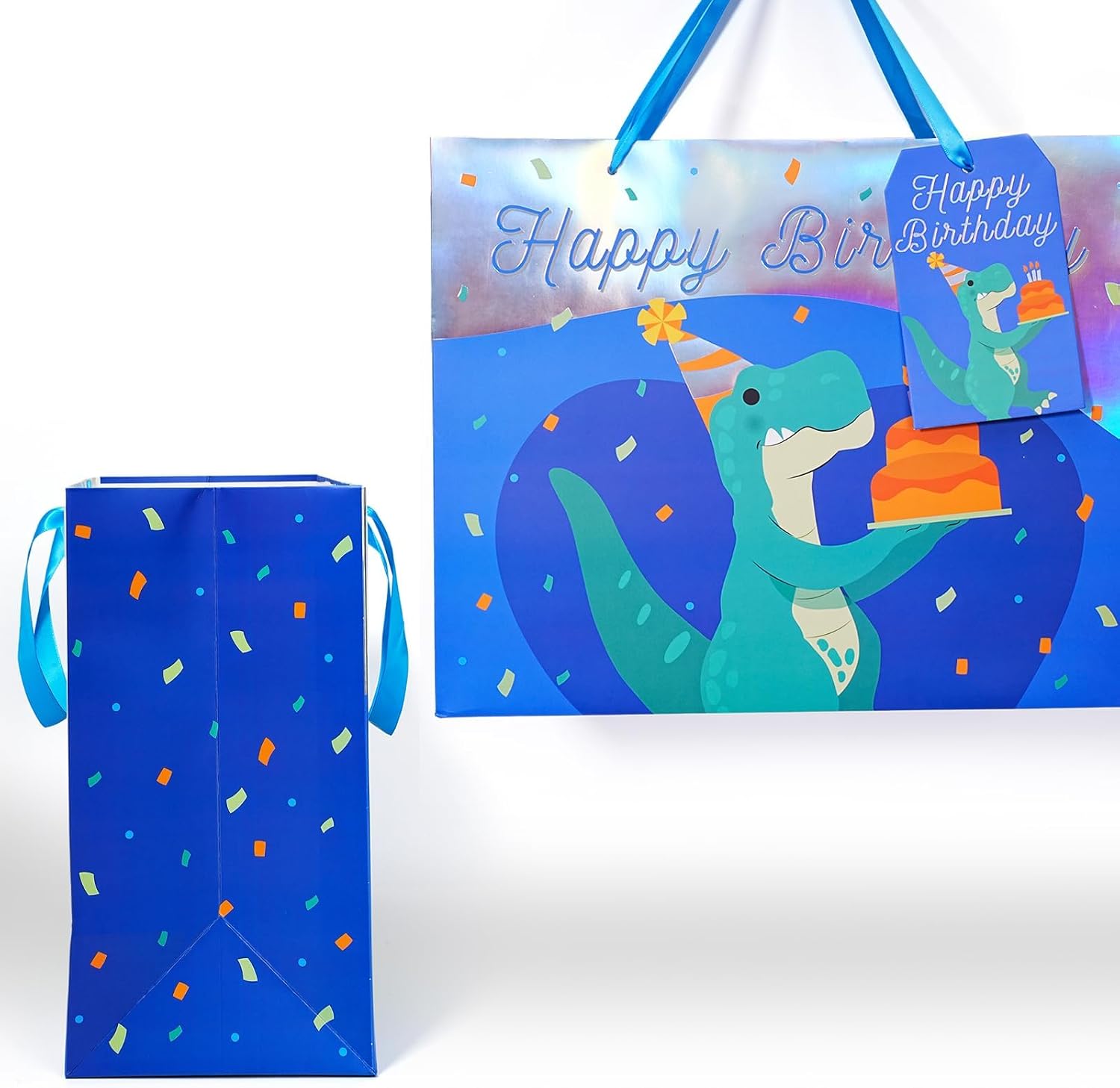 WRAPLA 13" Large Dinosaur Birthday Gift Bag, Blue Holographic Design