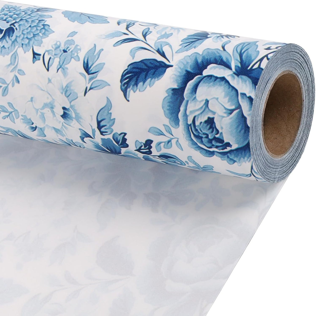 WRAPLA Reversible Wrapping Paper, Blue Floral Pearlescent Print 43cm x 10m