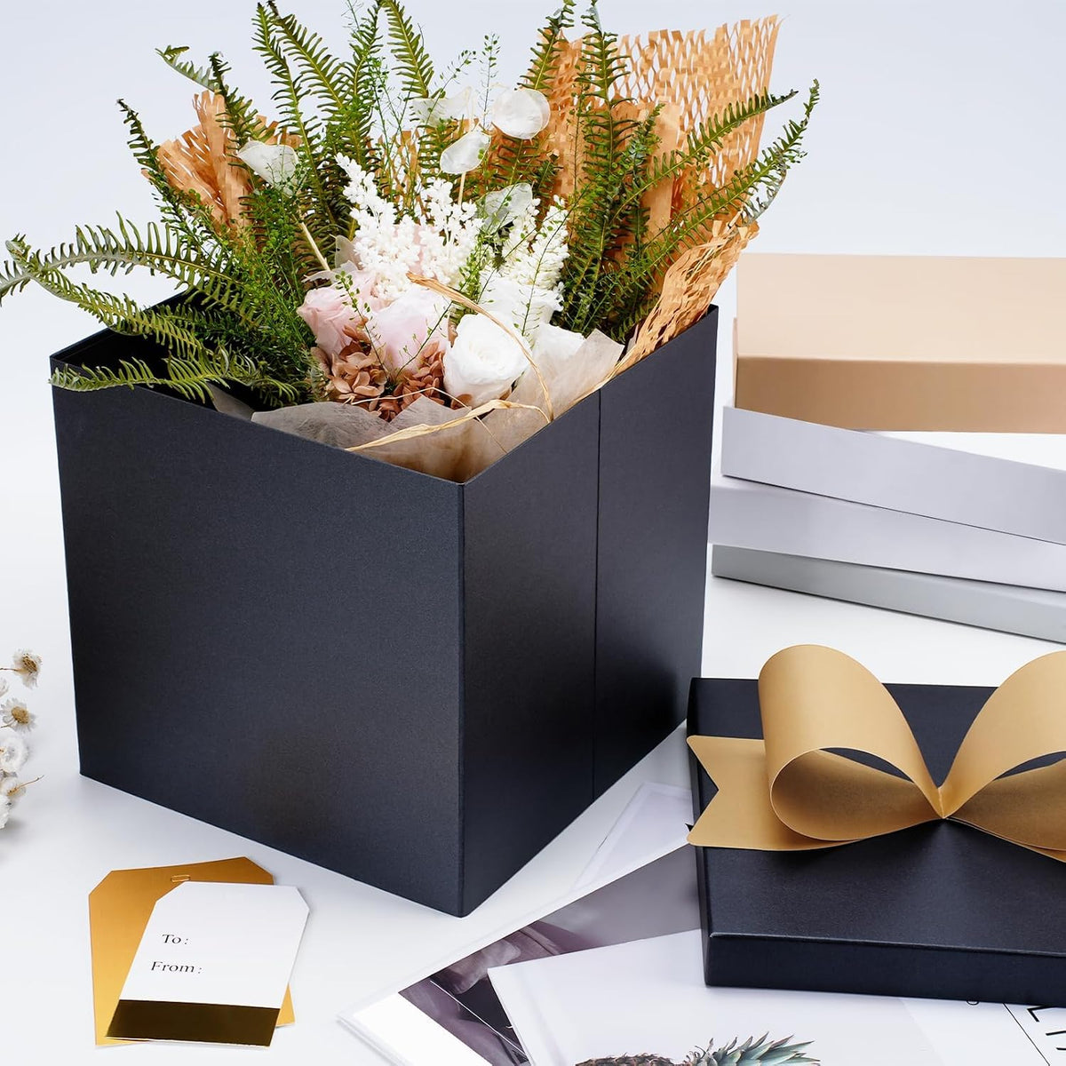 WRAPLA Large Black Gift Boxes with Lids, 10x10x10 Inch Foldable Design