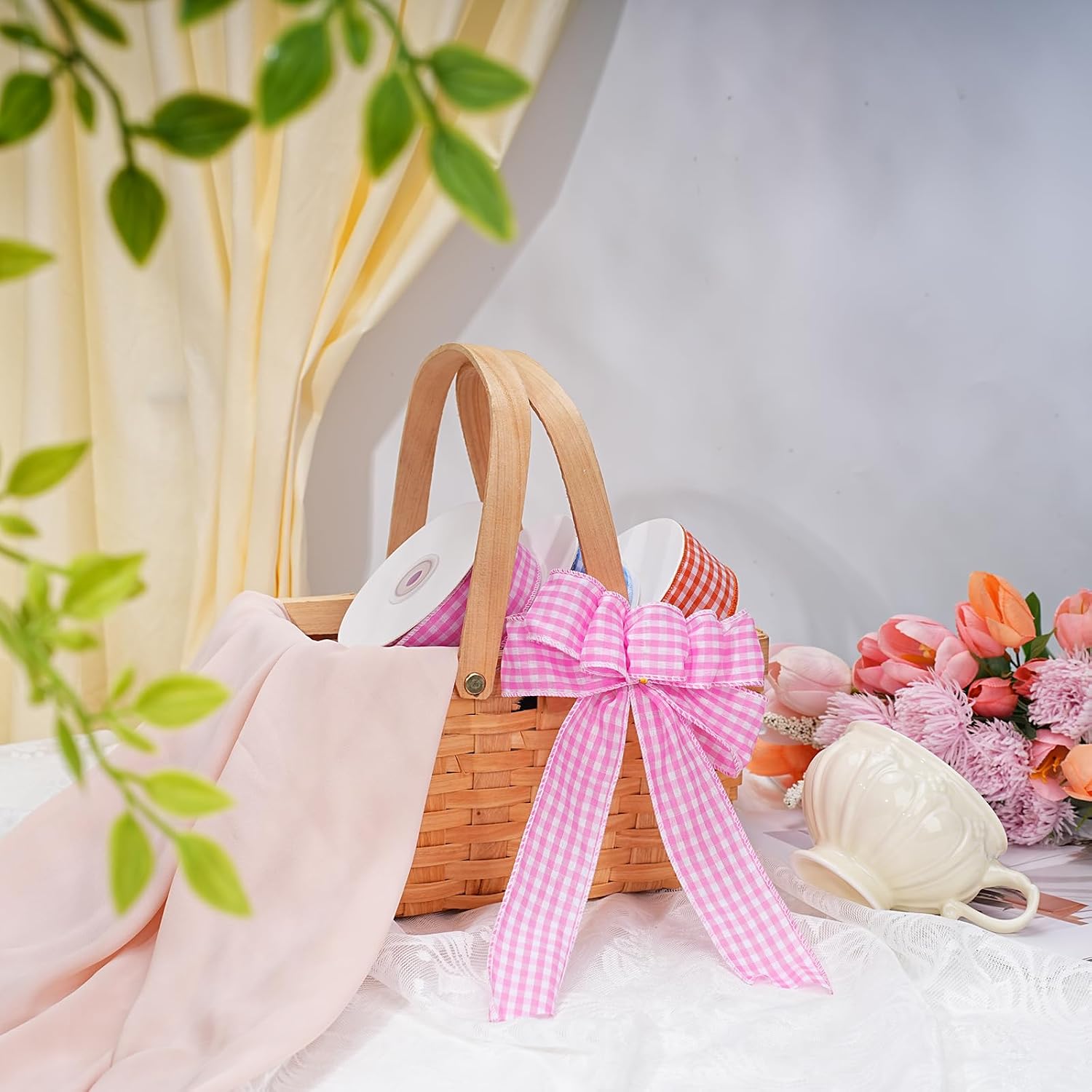 Pink Gingham Burlap Ribbon Wired 1.5 Inch x 10 Yards
