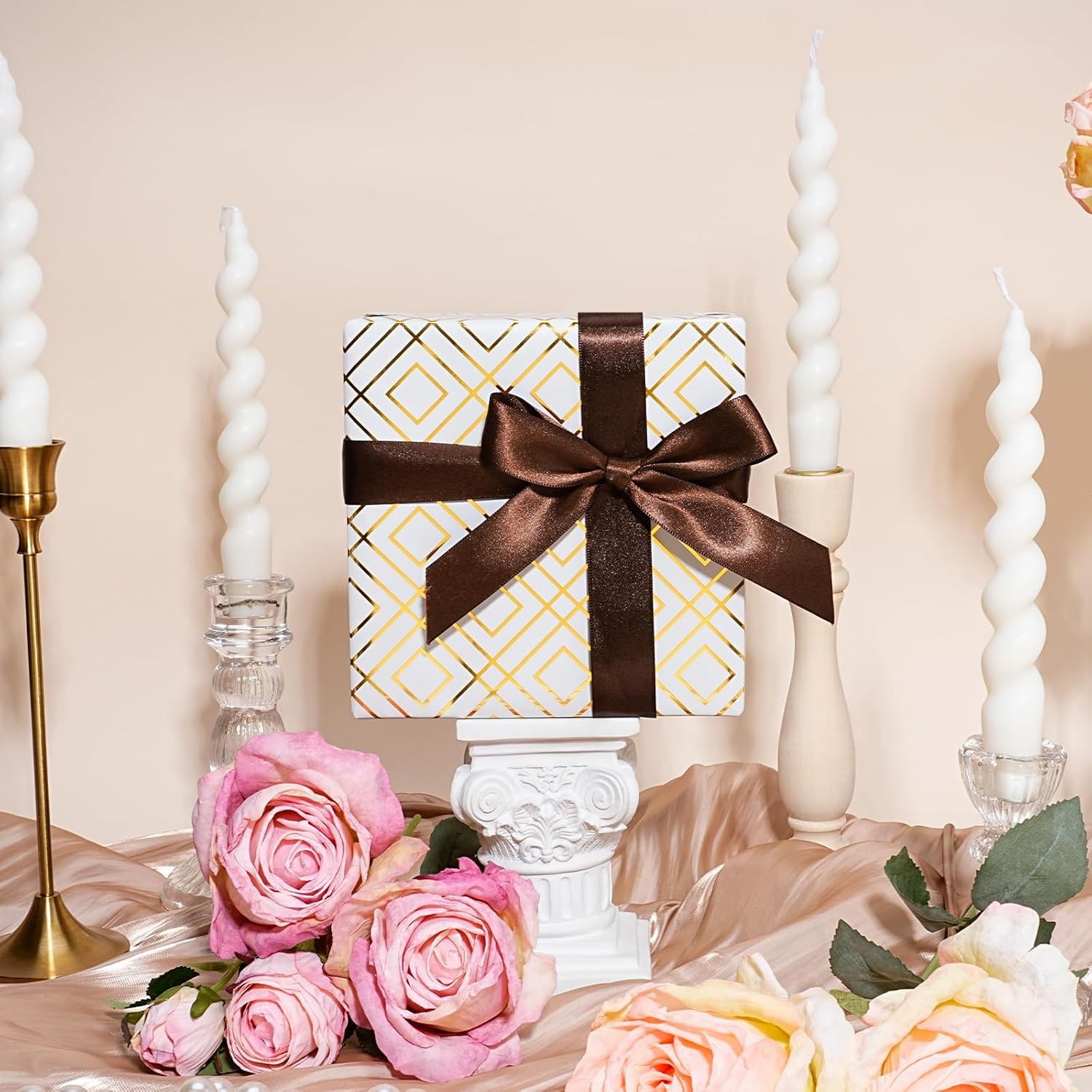 WRAPLA Luxury Wrapping Paper, White Gold Botanical Foil for Wedding Gifts