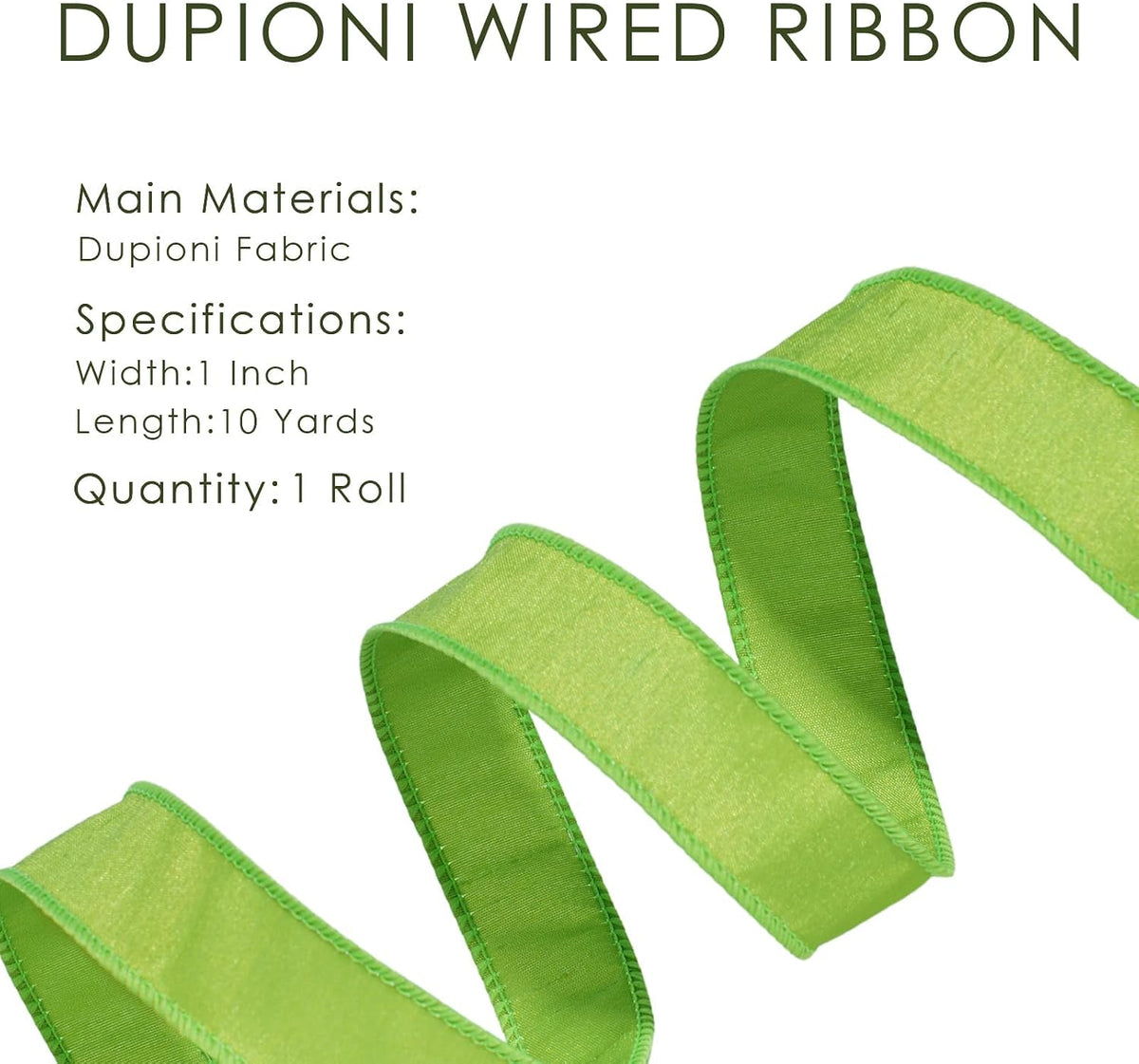 Moss Ribbon Wired 1 Inch x 10 Yards, Dupioni Christmas Decor