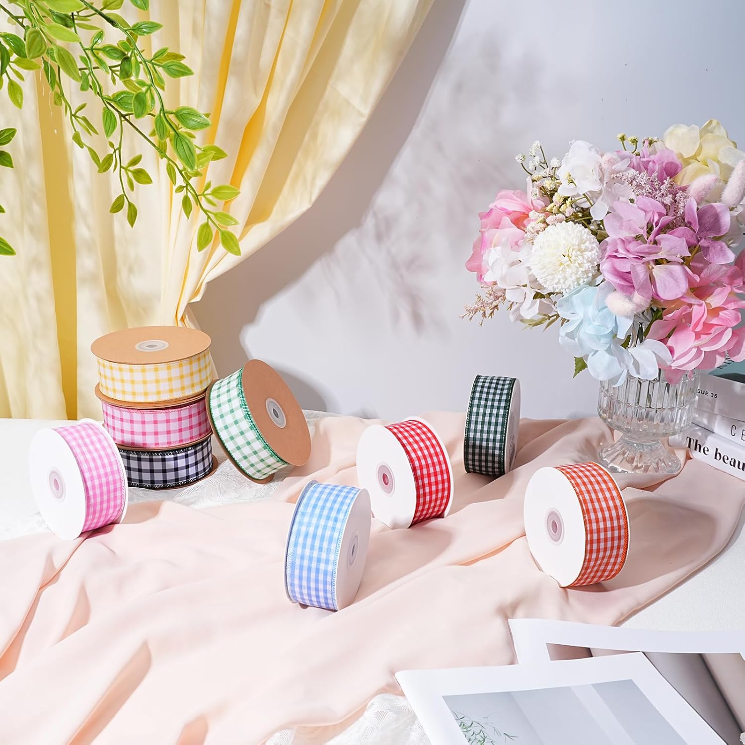 Pink Gingham Burlap Ribbon Wired 1.5 Inch x 10 Yards