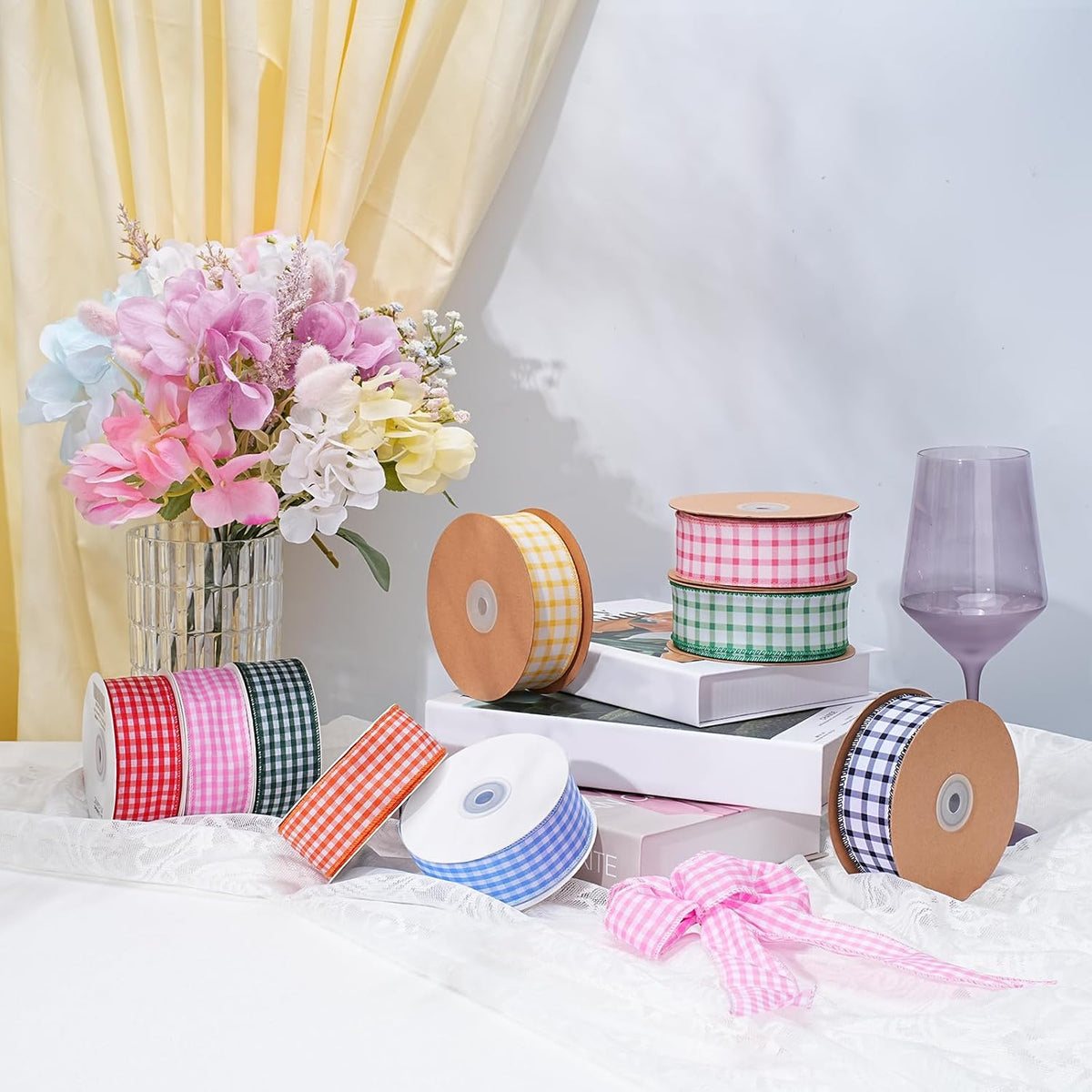 Pink Gingham Burlap Ribbon Wired 1.5 Inch x 10 Yards