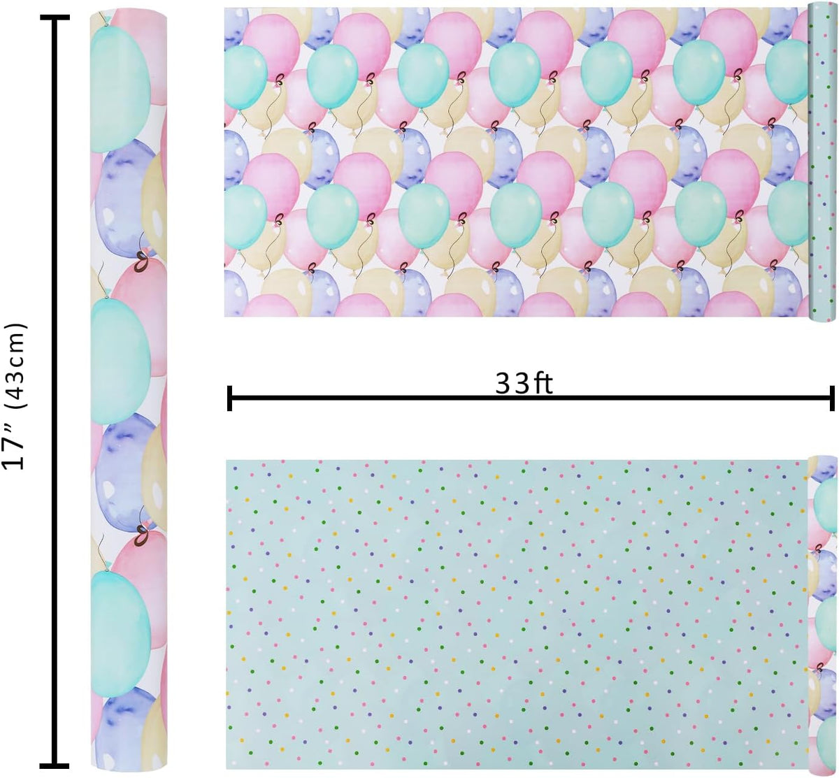 WRAPLA Bright Wrapping Paper, Balloons Dots For kid Birthday & Baby shower