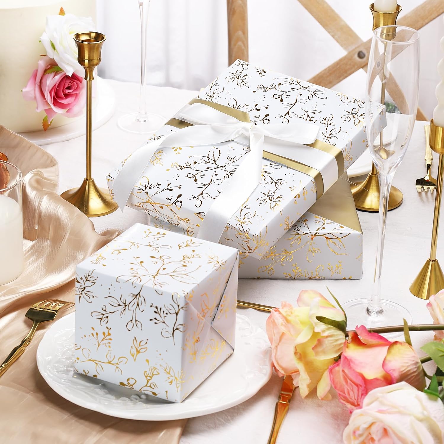 WRAPLA Luxury Wrapping Paper, White Gold Botanical Foil for Wedding Gifts