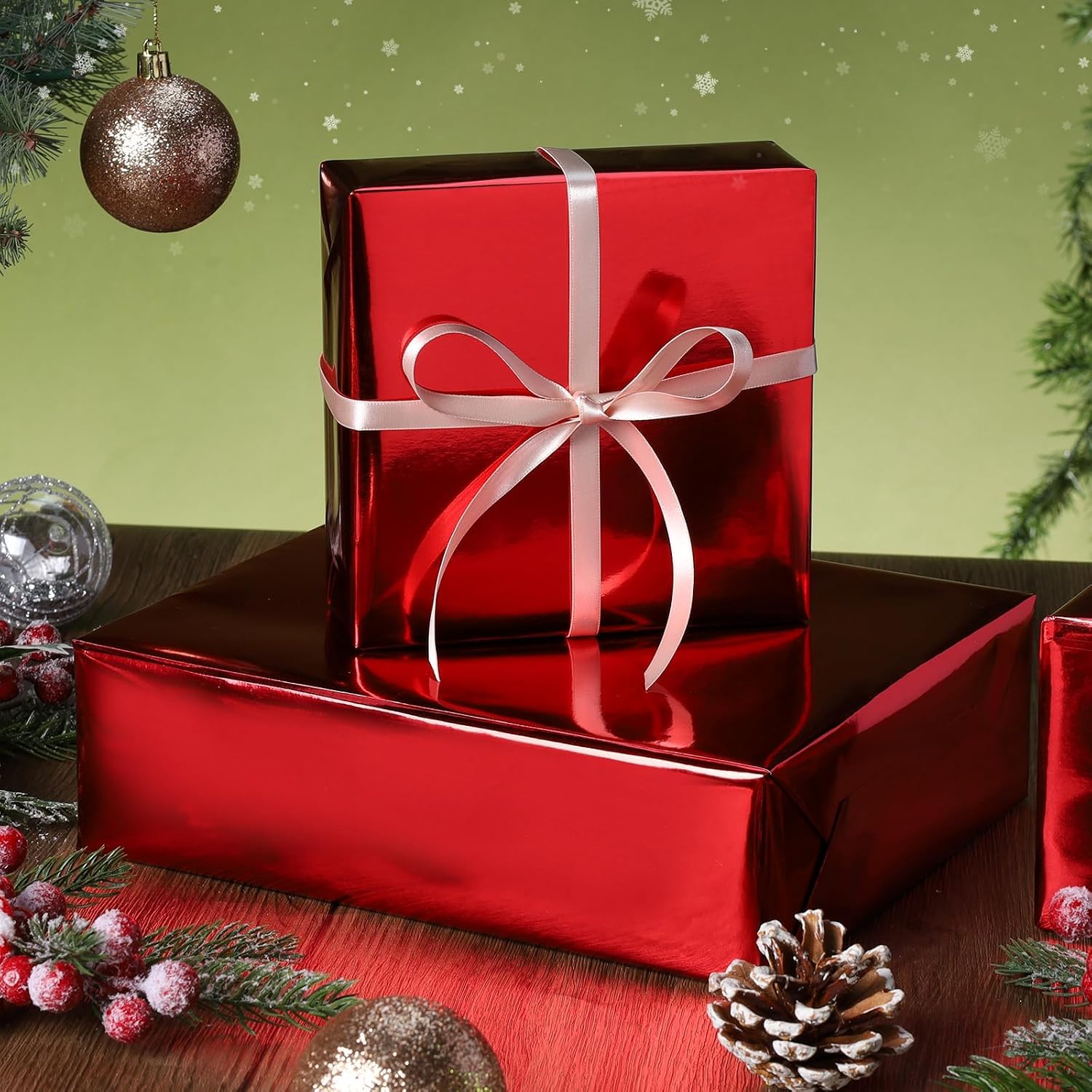 WRAPLA Green Metallic Christmas Wrapping Paper, Solid Color Roll