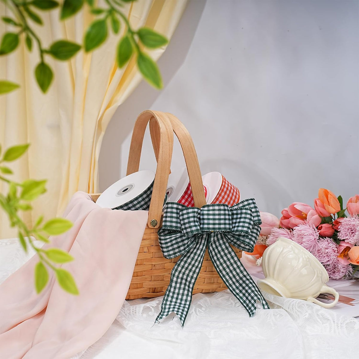 Pink Gingham Burlap Ribbon Wired 1.5 Inch x 10 Yards