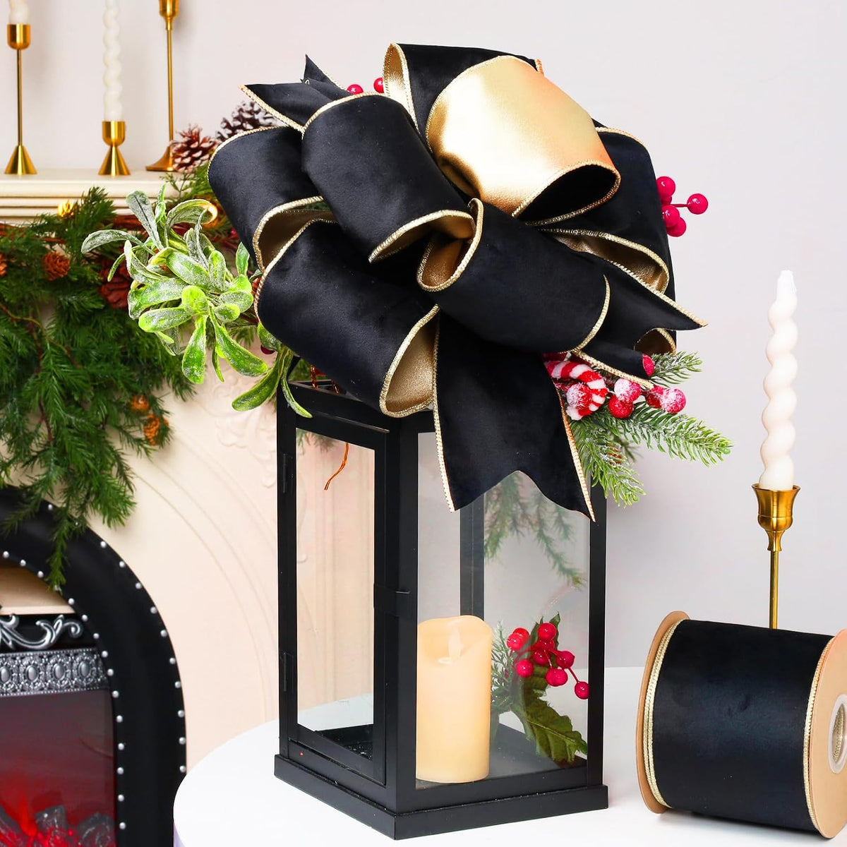 Black Velvet Wired Ribbon, Gold Edge, Gold Satin Back, 4 Inch