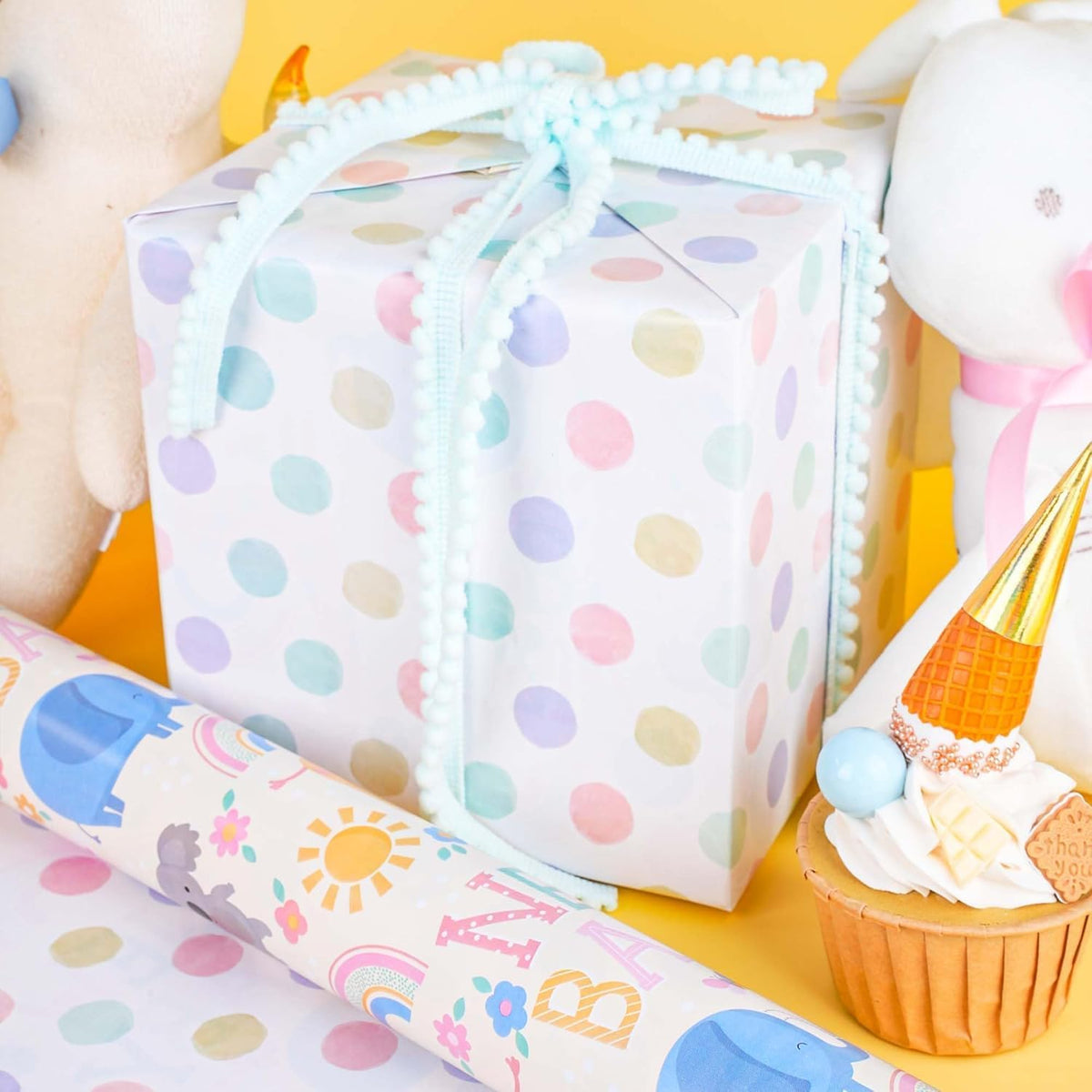 WRAPLA Bright Wrapping Paper, Balloons Dots For kid Birthday & Baby shower