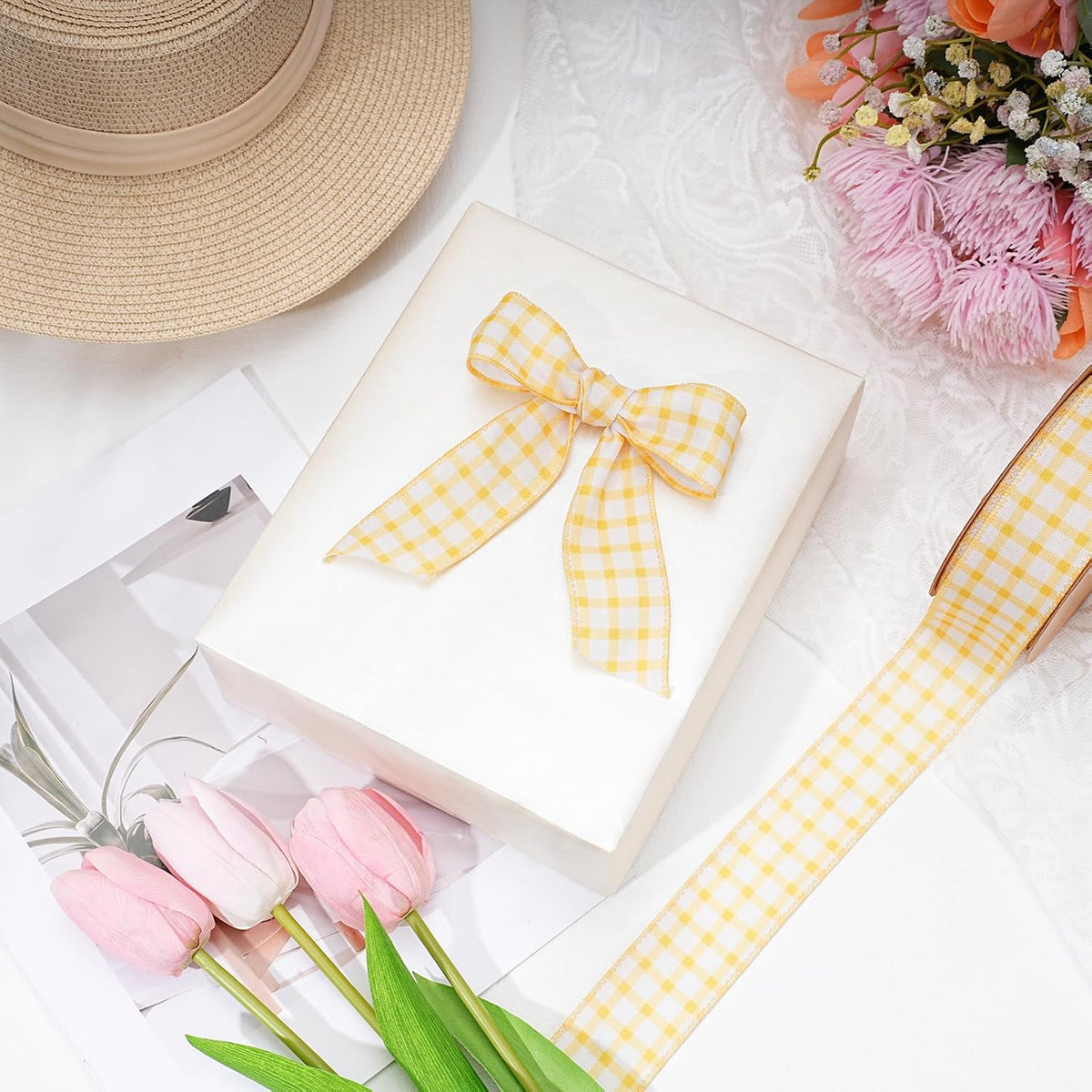 Pink Gingham Burlap Ribbon Wired 1.5 Inch x 10 Yards