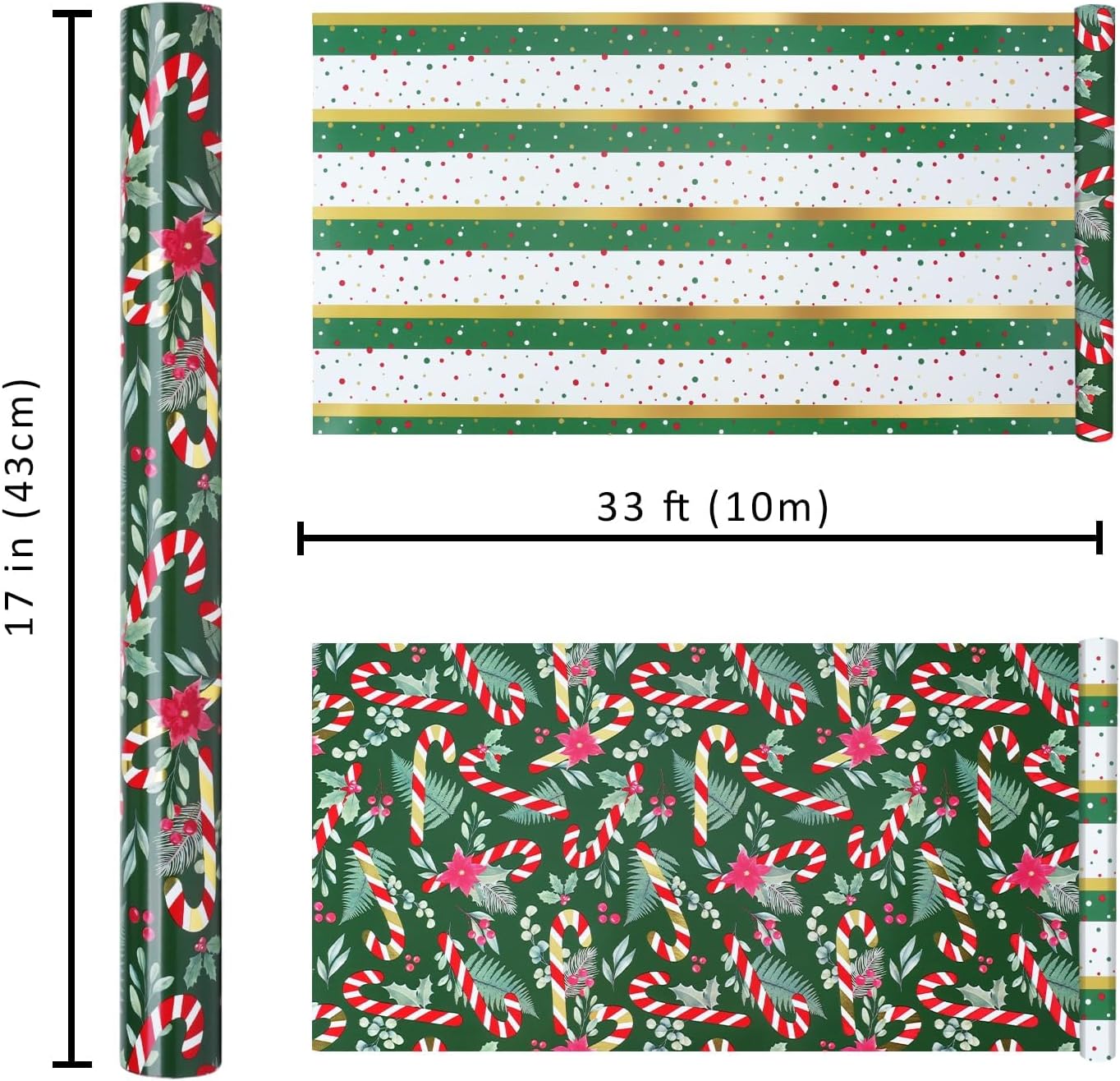 WRAPLA Reversible Christmas Wrapping Paper, Candy Cane Stripes 43cm x 10m
