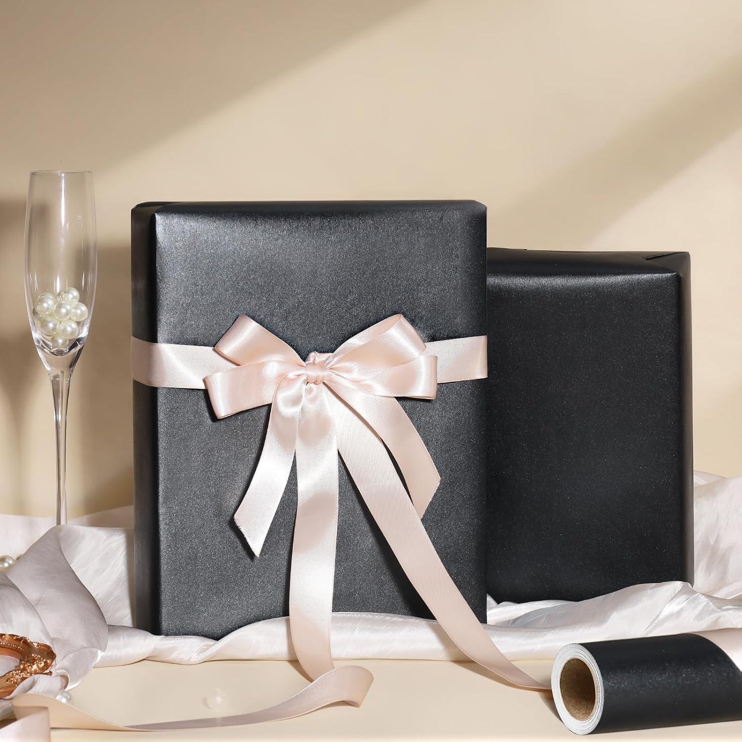 WRAPLA Black Pearly-Lustre Wrapping Paper Mini Roll, Solid Color