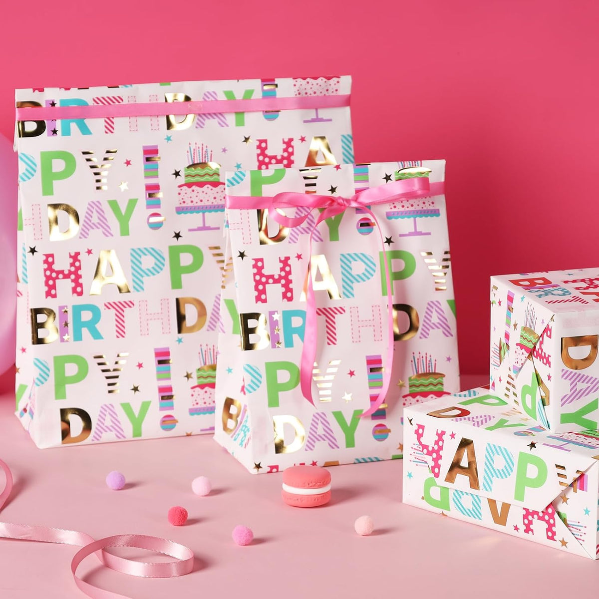 WRAPLA Colorful Wrapping Paper Roll - 17 Inches X 33 Feet (43cm X 10m) - Foil Happy Birthday and Cake Design Gift Wrap Stone Paper for Birthday, Baby Shower, Party, Holiday
