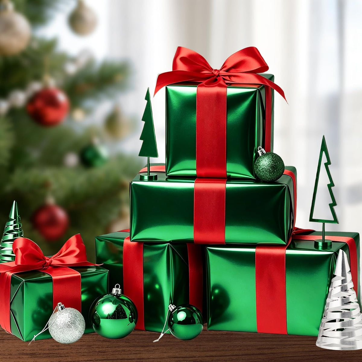 WRAPLA Green Metallic Christmas Wrapping Paper, Solid Color Roll
