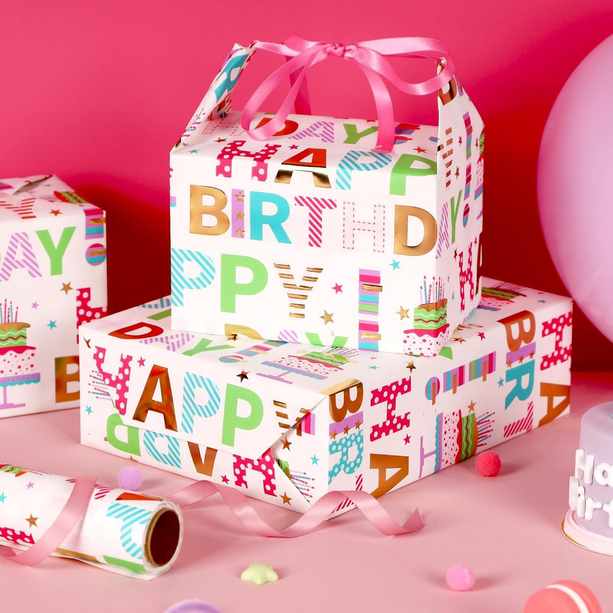 WRAPLA Colorful Wrapping Paper Roll - 17 Inches X 33 Feet (43cm X 10m) - Foil Happy Birthday and Cake Design Gift Wrap Stone Paper for Birthday, Baby Shower, Party, Holiday