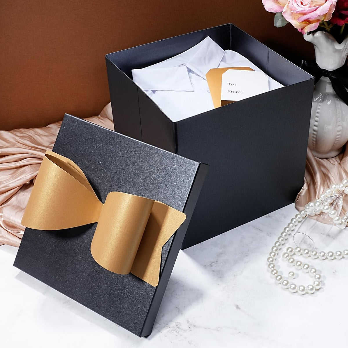 WRAPLA Large Black Gift Boxes with Lids, 10x10x10 Inch Foldable Design