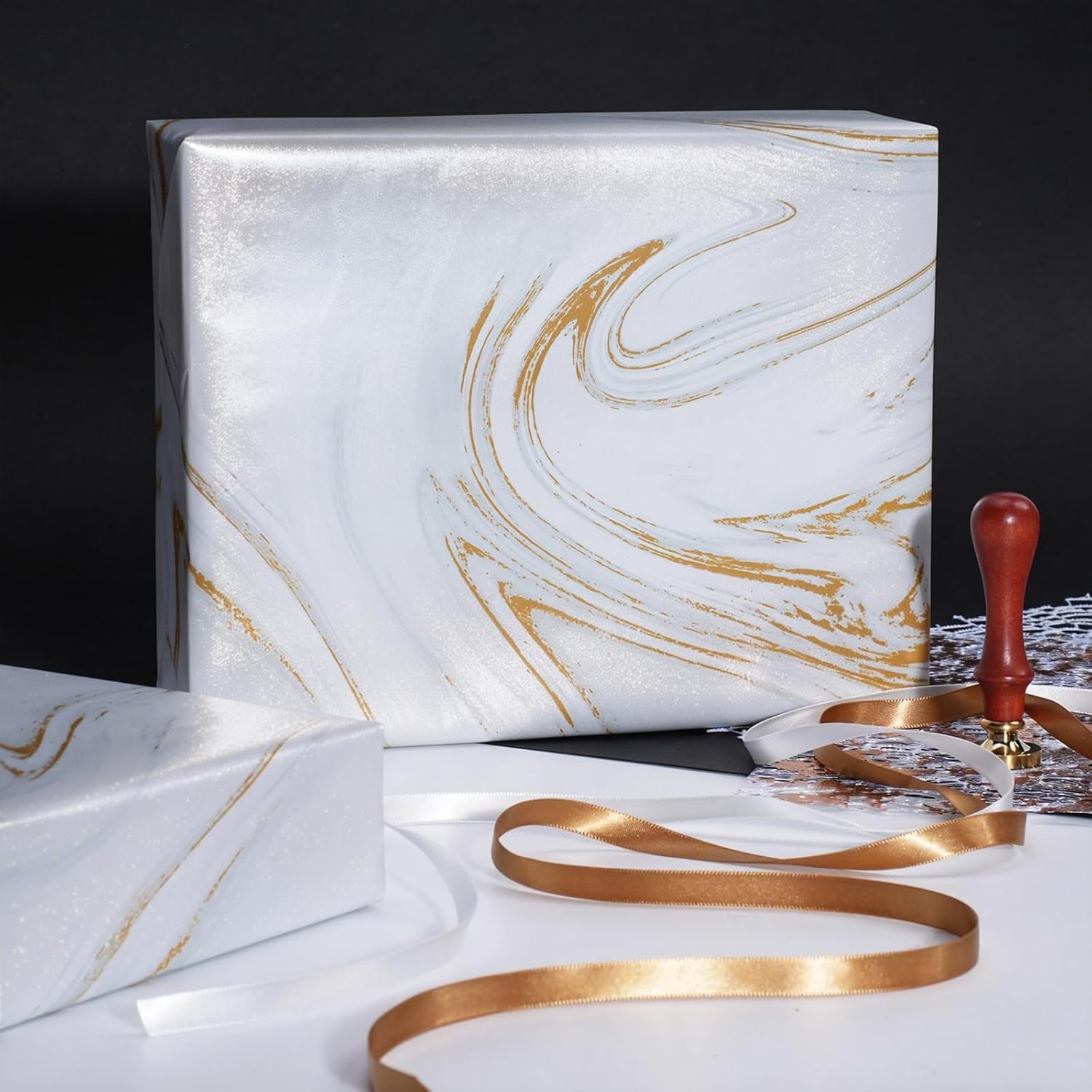 WRAPLA Luxury Wrapping Paper, White Gold Botanical Foil for Wedding Gifts