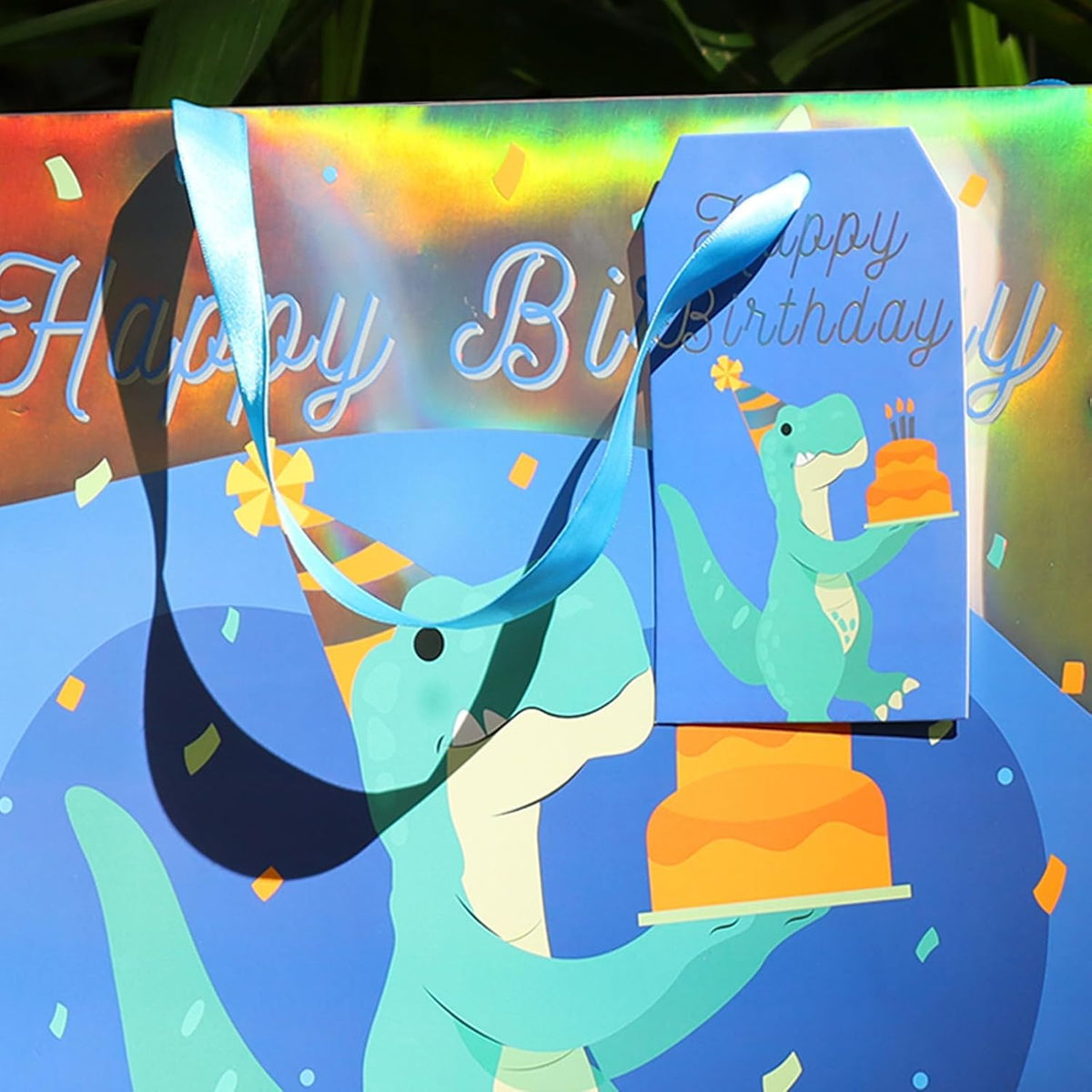 WRAPLA 13" Large Dinosaur Birthday Gift Bag, Blue Holographic Design