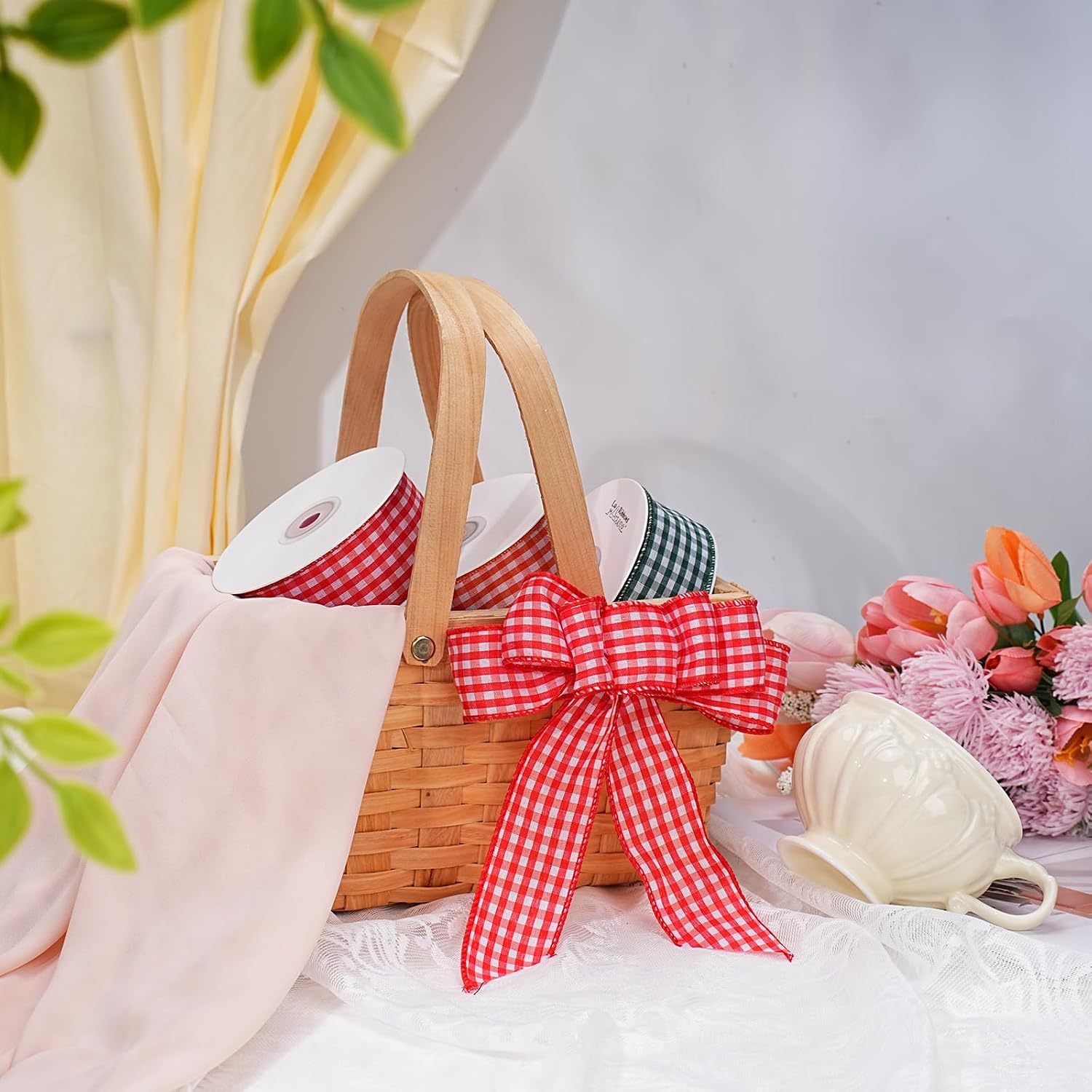 Pink Gingham Burlap Ribbon Wired 1.5 Inch x 10 Yards