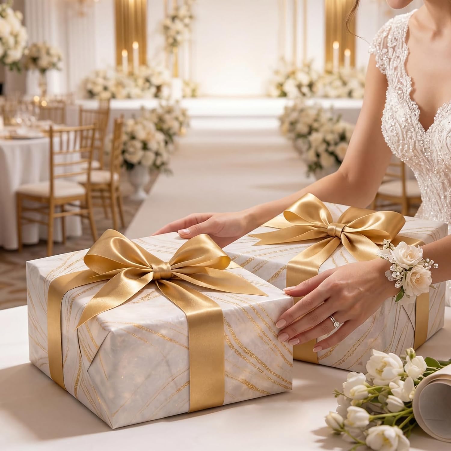 WRAPLA Luxury Wrapping Paper, White Gold Botanical Foil for Wedding Gifts