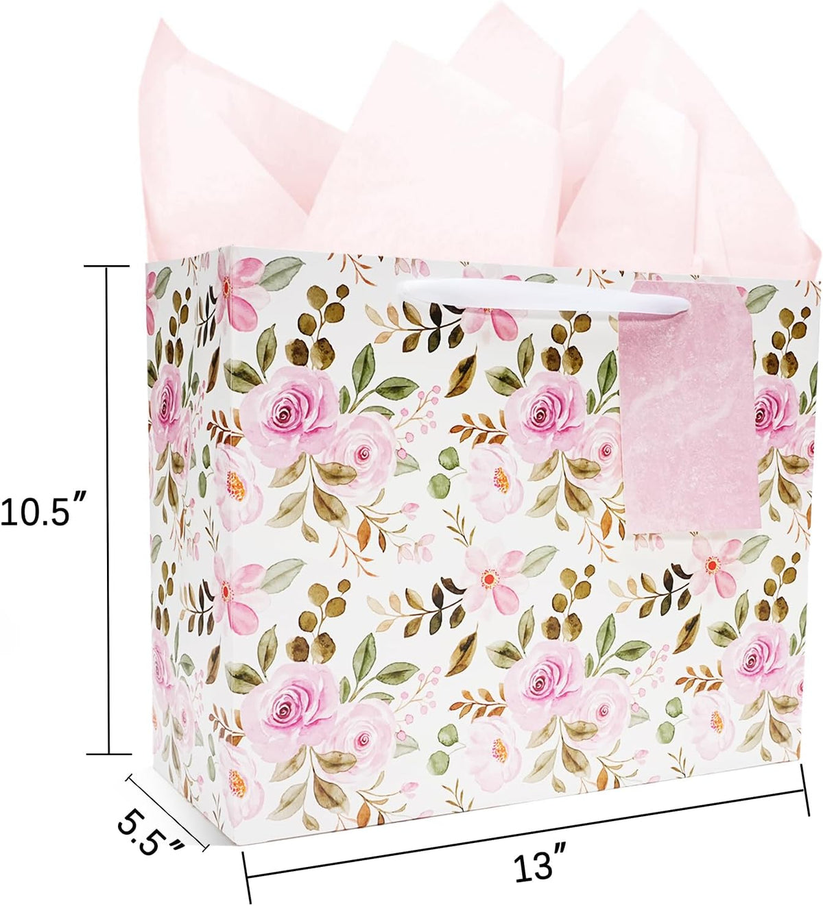 WRAPLA 13" Blue White Peony Paper Gift Bag for Wedding with Tissue & Card