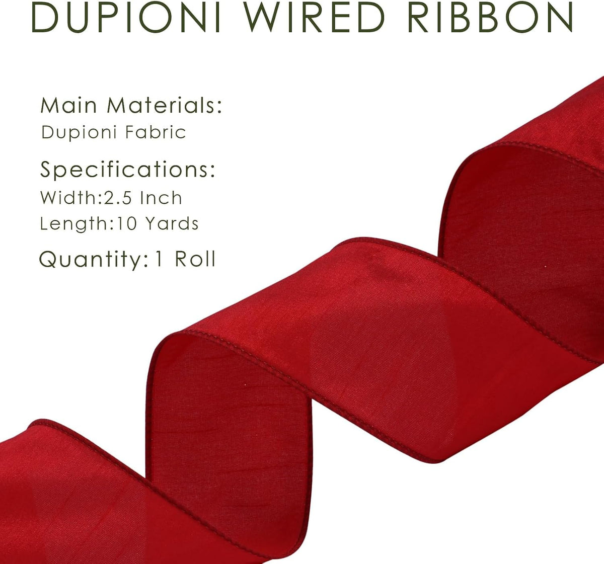 Moss Ribbon Wired 1 Inch x 10 Yards, Dupioni Christmas Decor