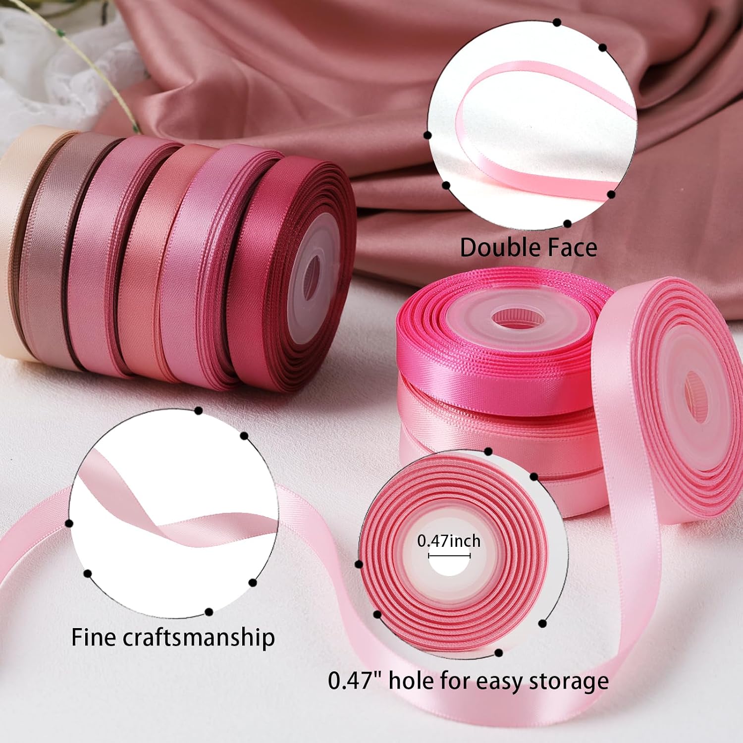 Double Faced Rainbow Satin Ribbon Set, 3/8" x 100 Yards, 10 Rolls