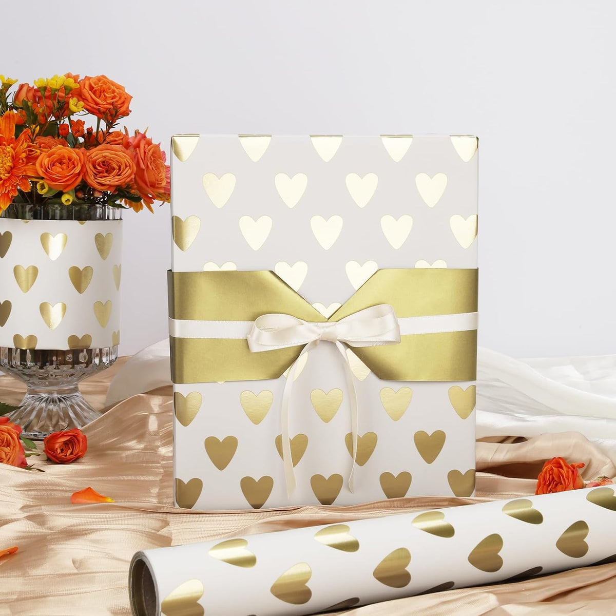 WRAPLA Luxury Wrapping Paper, White Gold Botanical Foil for Wedding Gifts
