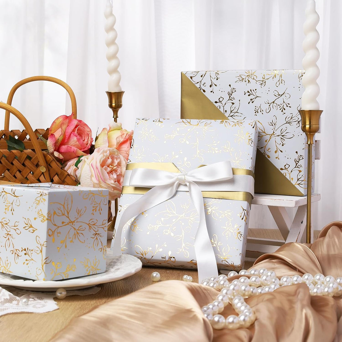 WRAPLA Luxury Wrapping Paper, White Gold Botanical Foil for Wedding Gifts