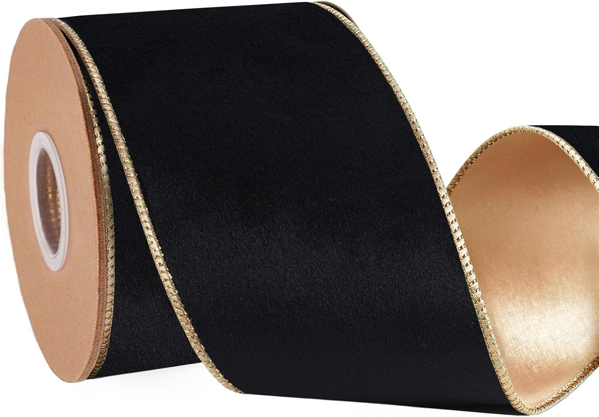 Black Velvet Wired Ribbon, Gold Edge, Gold Satin Back, 4 Inch