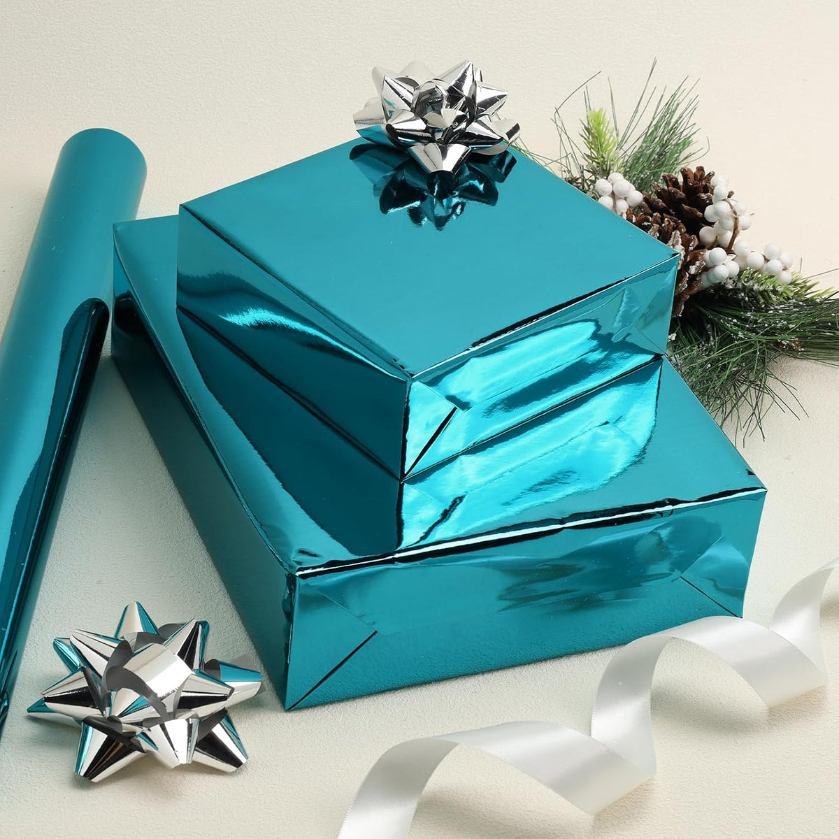 WRAPLA Green Metallic Christmas Wrapping Paper, Solid Color Roll