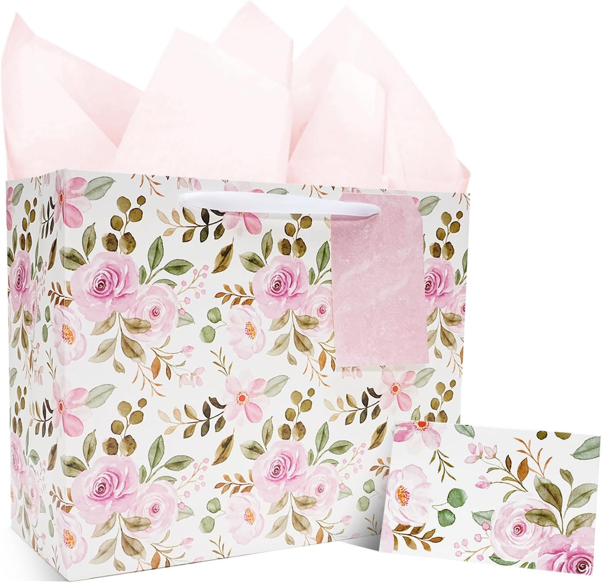 WRAPLA 13" Blue White Peony Paper Gift Bag for Wedding with Tissue & Card