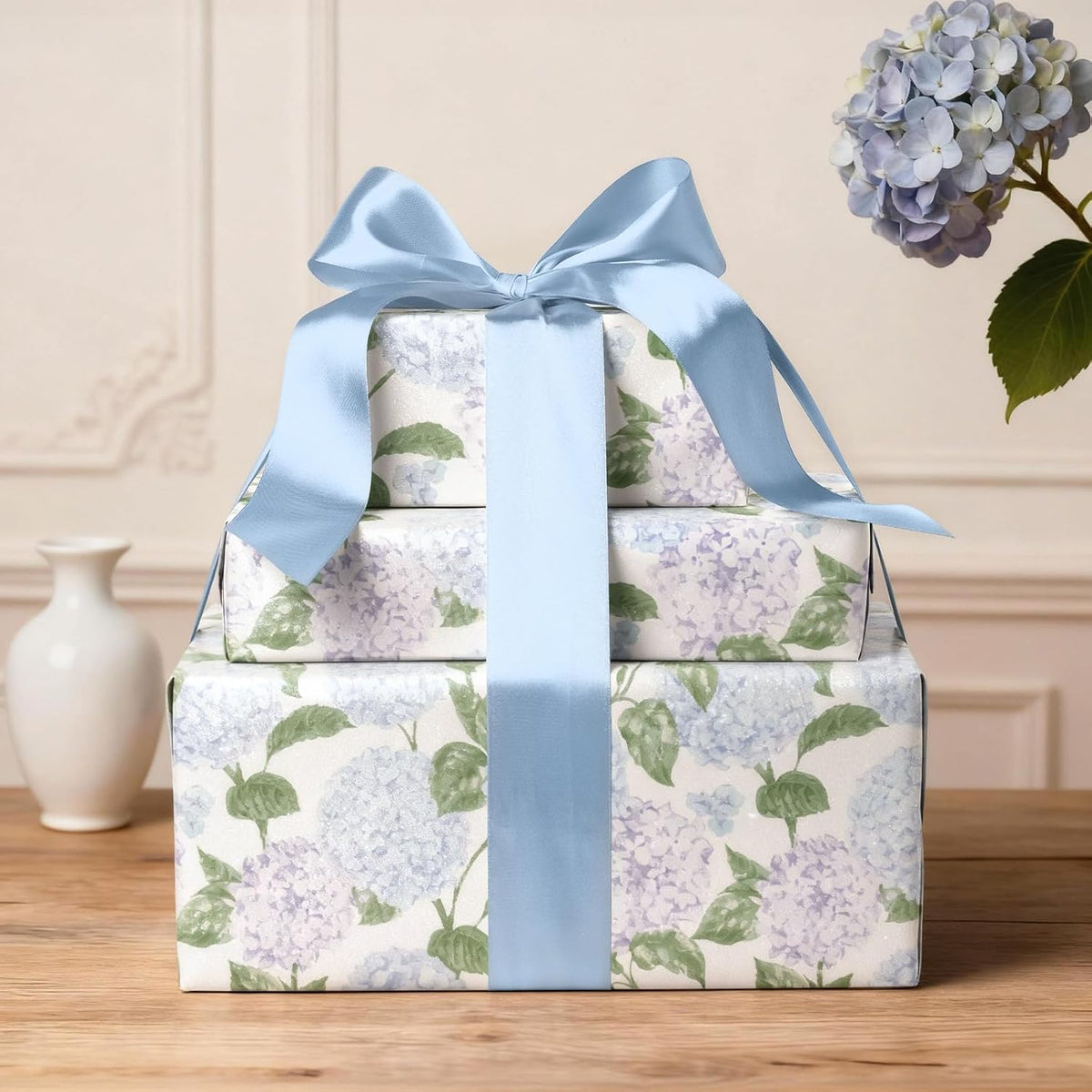 WRAPLA Reversible Wrapping Paper, Blue Floral Pearlescent Print 43cm x 10m