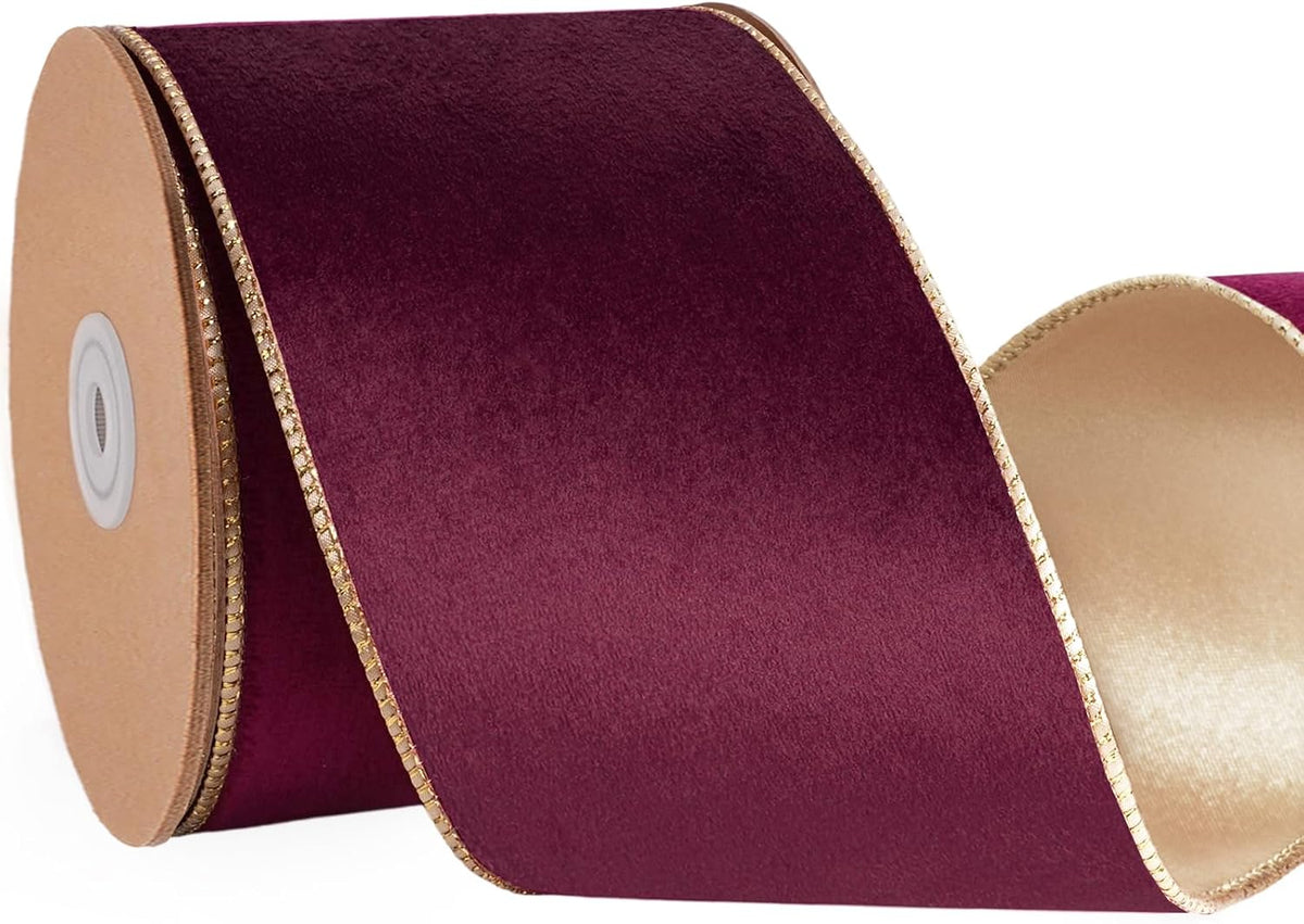 Black Velvet Wired Ribbon, Gold Edge, Gold Satin Back, 4 Inch