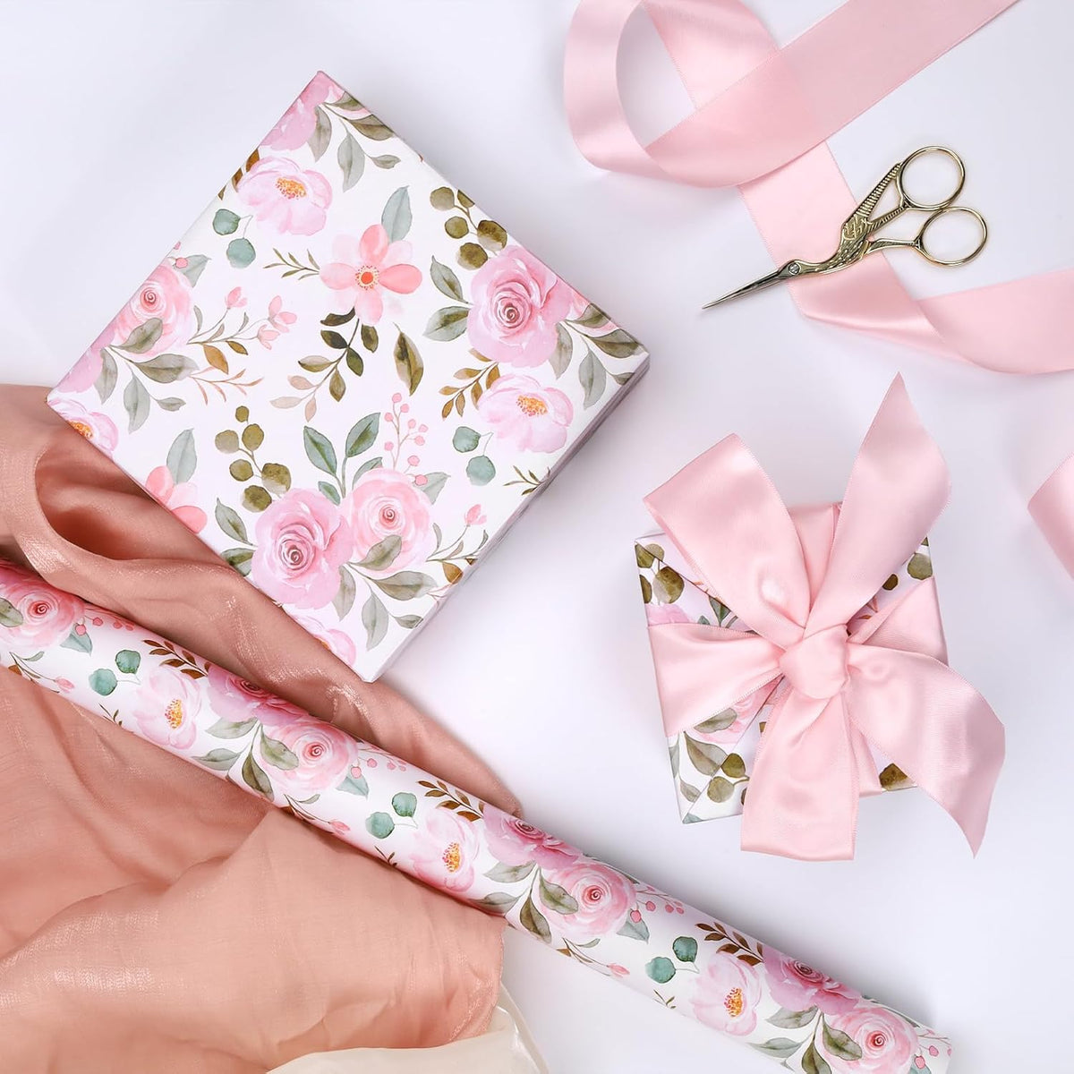 WRAPLA Reversible Wrapping Paper, Blue Floral Pearlescent Print 43cm x 10m