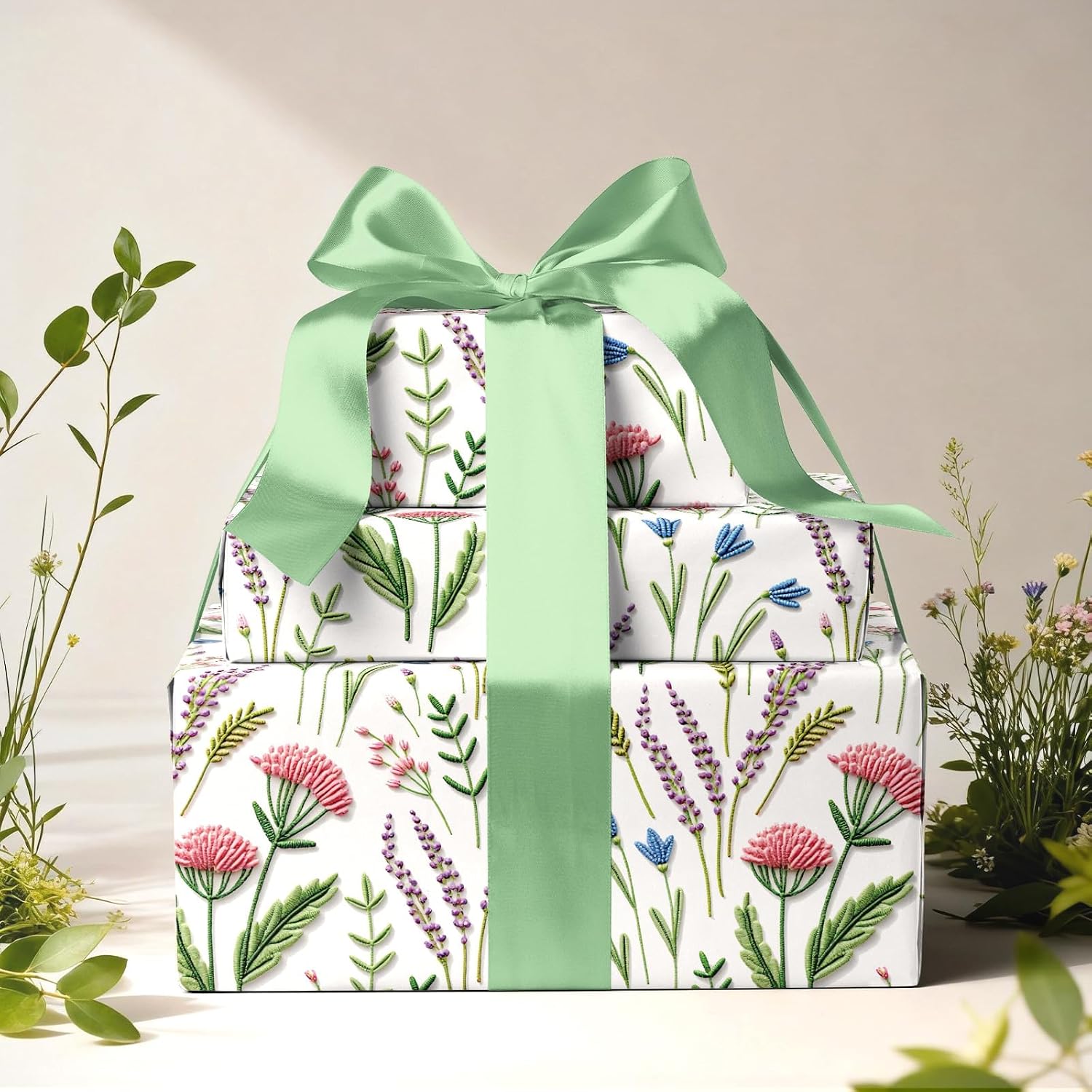 WRAPLA Reversible Wrapping Paper, Blue Floral Pearlescent Print 43cm x 10m