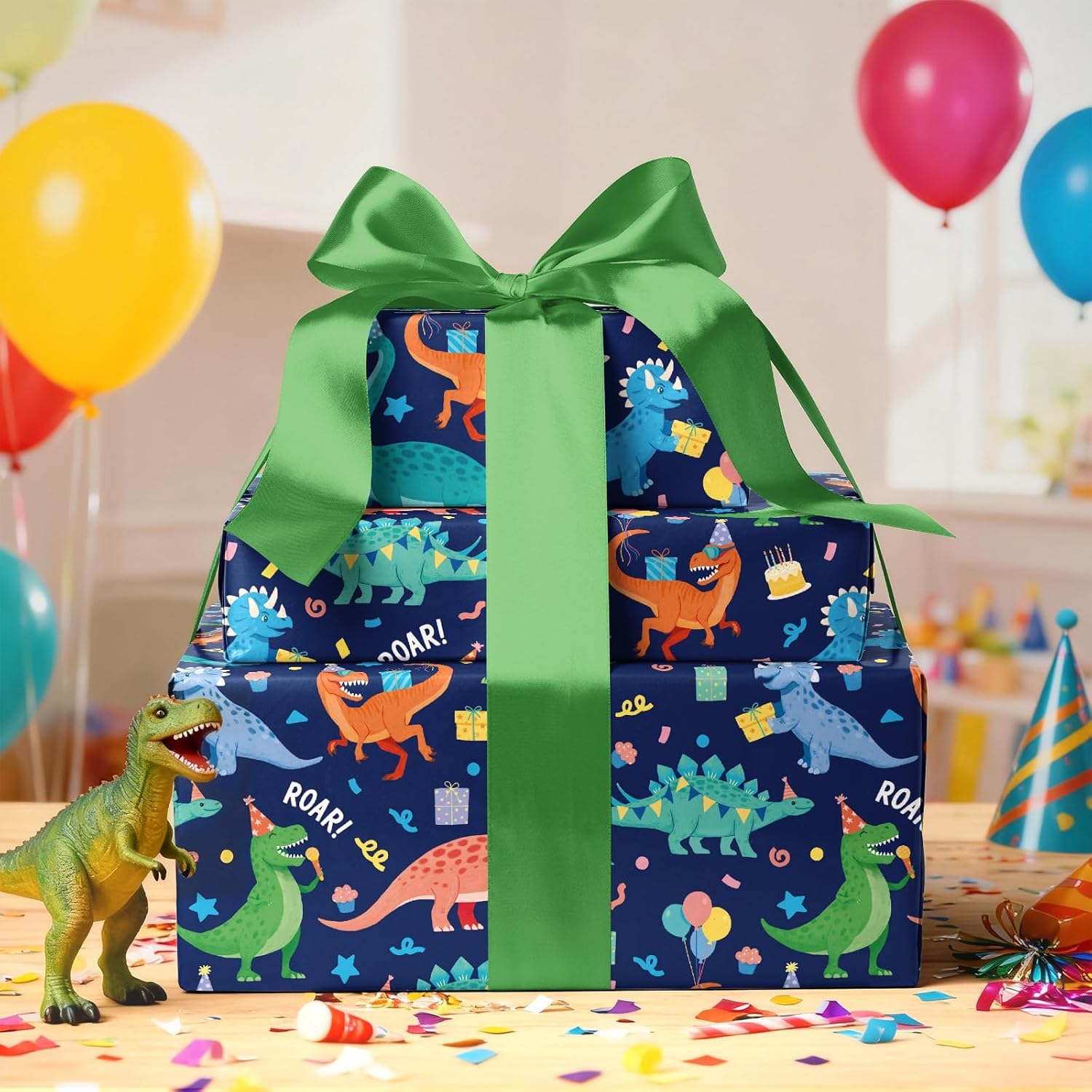 WRAPLA Colorful Wrapping Paper Roll - 17 Inches X 33 Feet (43cm X 10m) - Foil Happy Birthday and Cake Design Gift Wrap Stone Paper for Birthday, Baby Shower, Party, Holiday