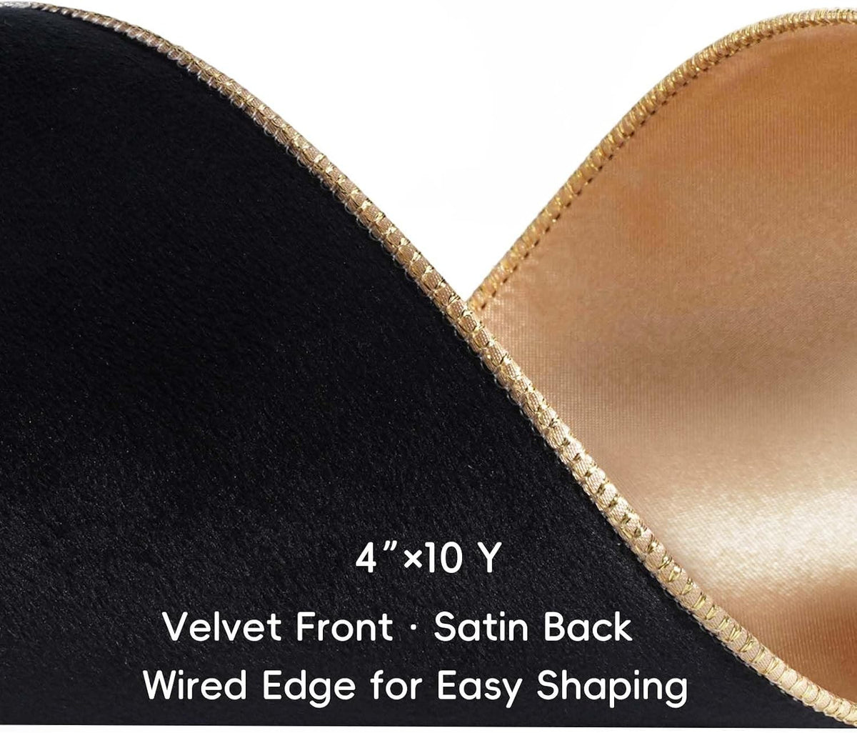 Black Velvet Wired Ribbon, Gold Edge, Gold Satin Back, 4 Inch