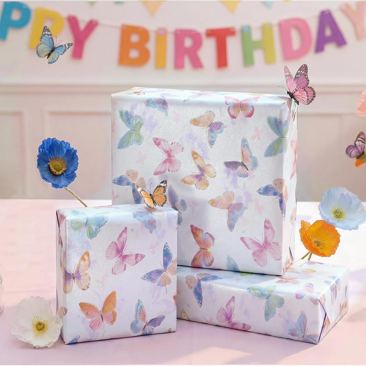 WRAPLA Butterfly Wrapping Paper for Girls Women Birthdays 43cm x 10m
