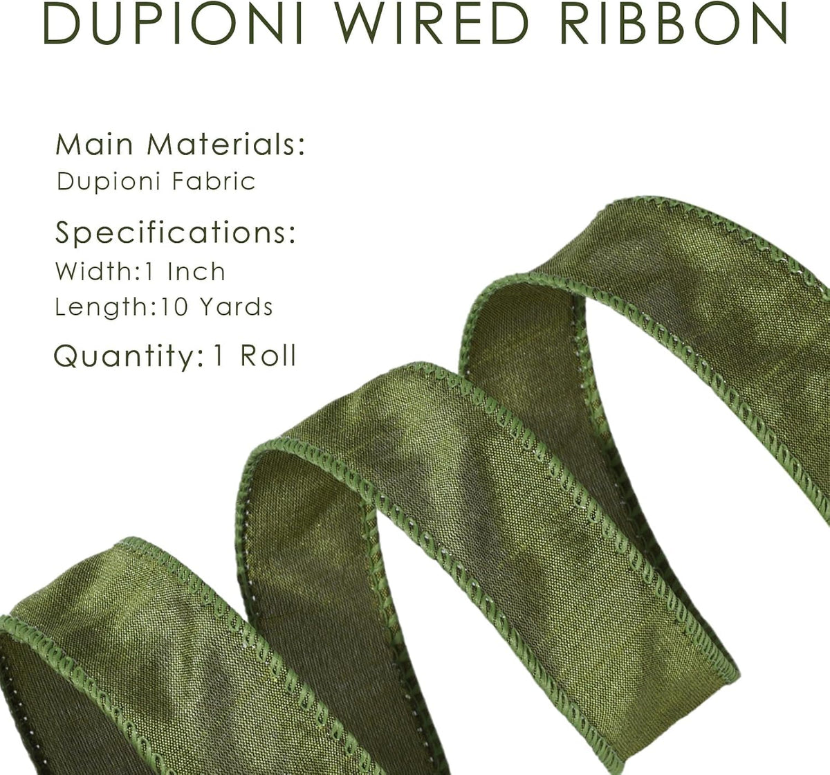 Moss Ribbon Wired 1 Inch x 10 Yards, Dupioni Christmas Decor