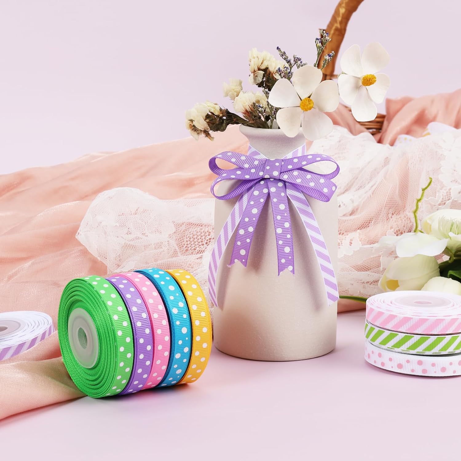 3/8" Polka Dot Grosgrain Ribbon Set 100 Yards for Wedding Gifts
