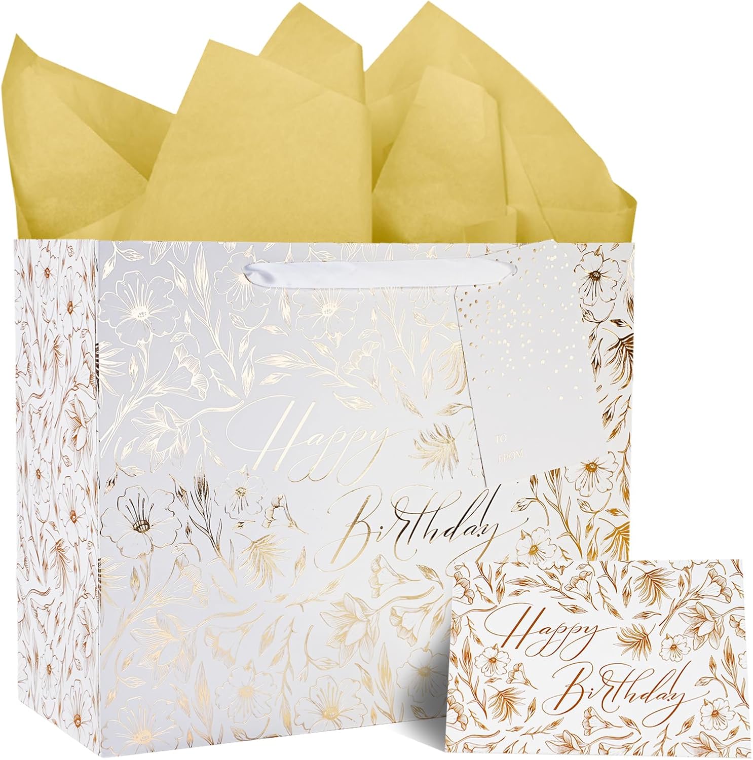 WRAPLA 13" Blue White Peony Paper Gift Bag for Wedding with Tissue & Card