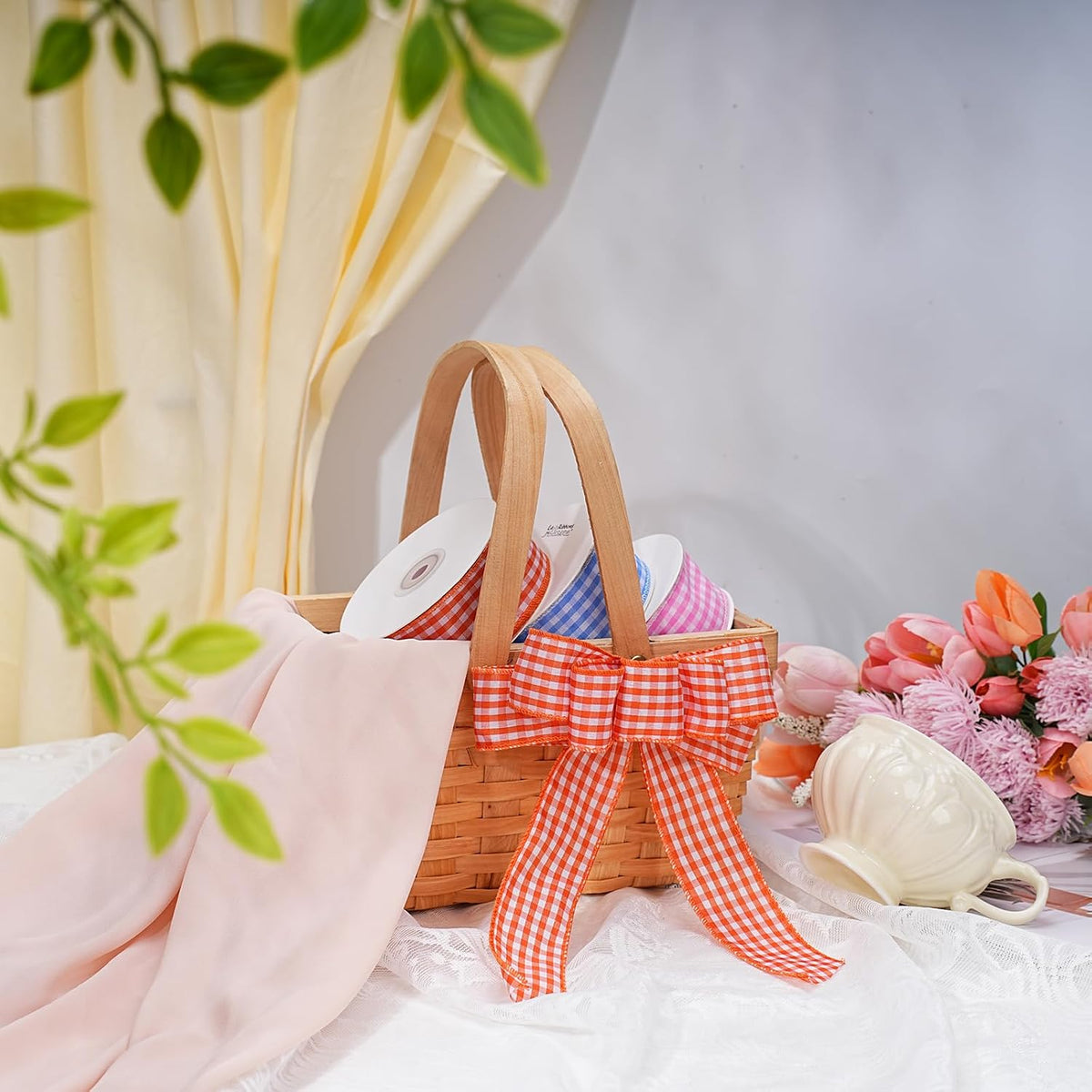 Pink Gingham Burlap Ribbon Wired 1.5 Inch x 10 Yards