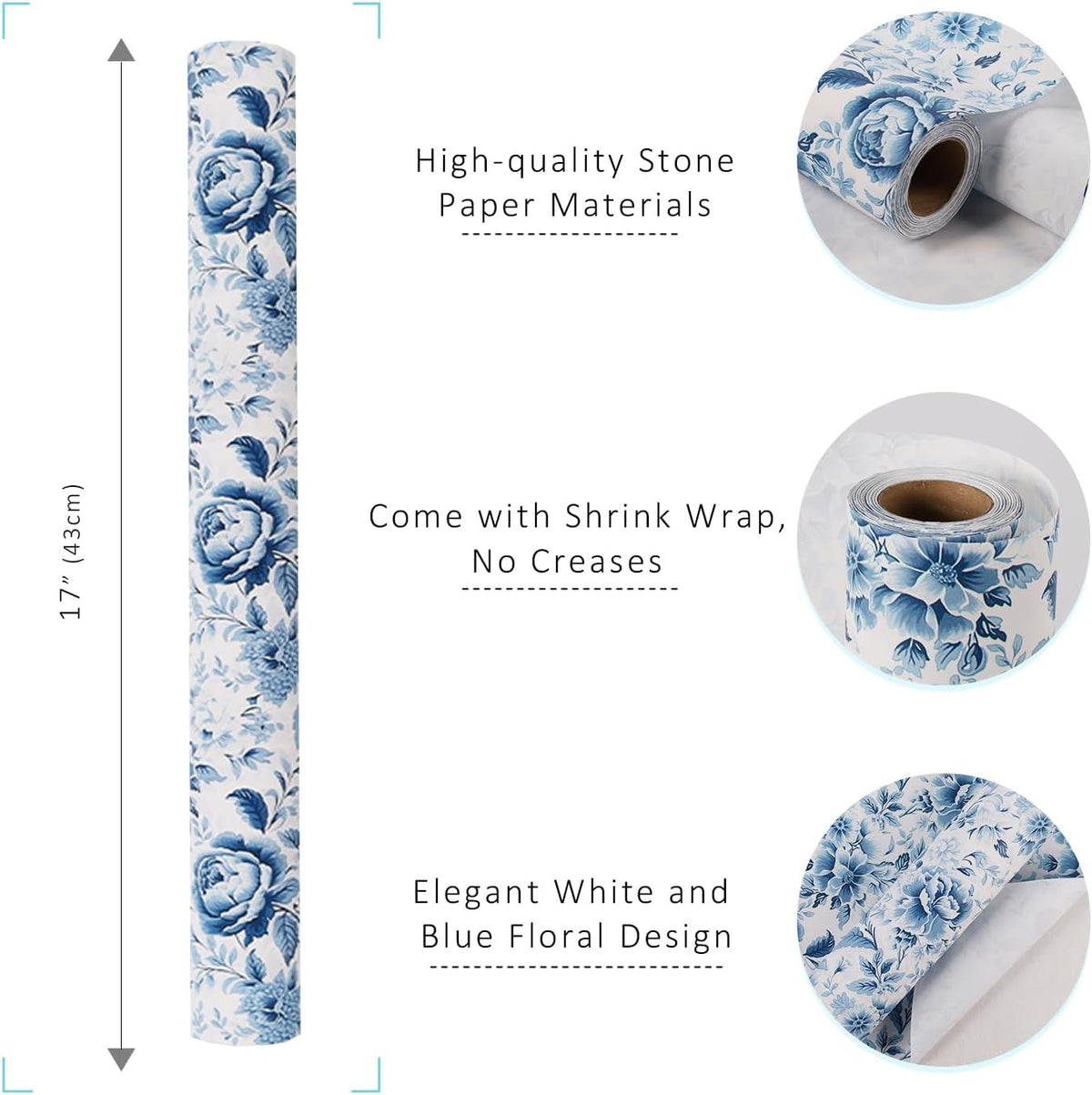 WRAPLA Reversible Wrapping Paper, Blue Floral Pearlescent Print 43cm x 10m
