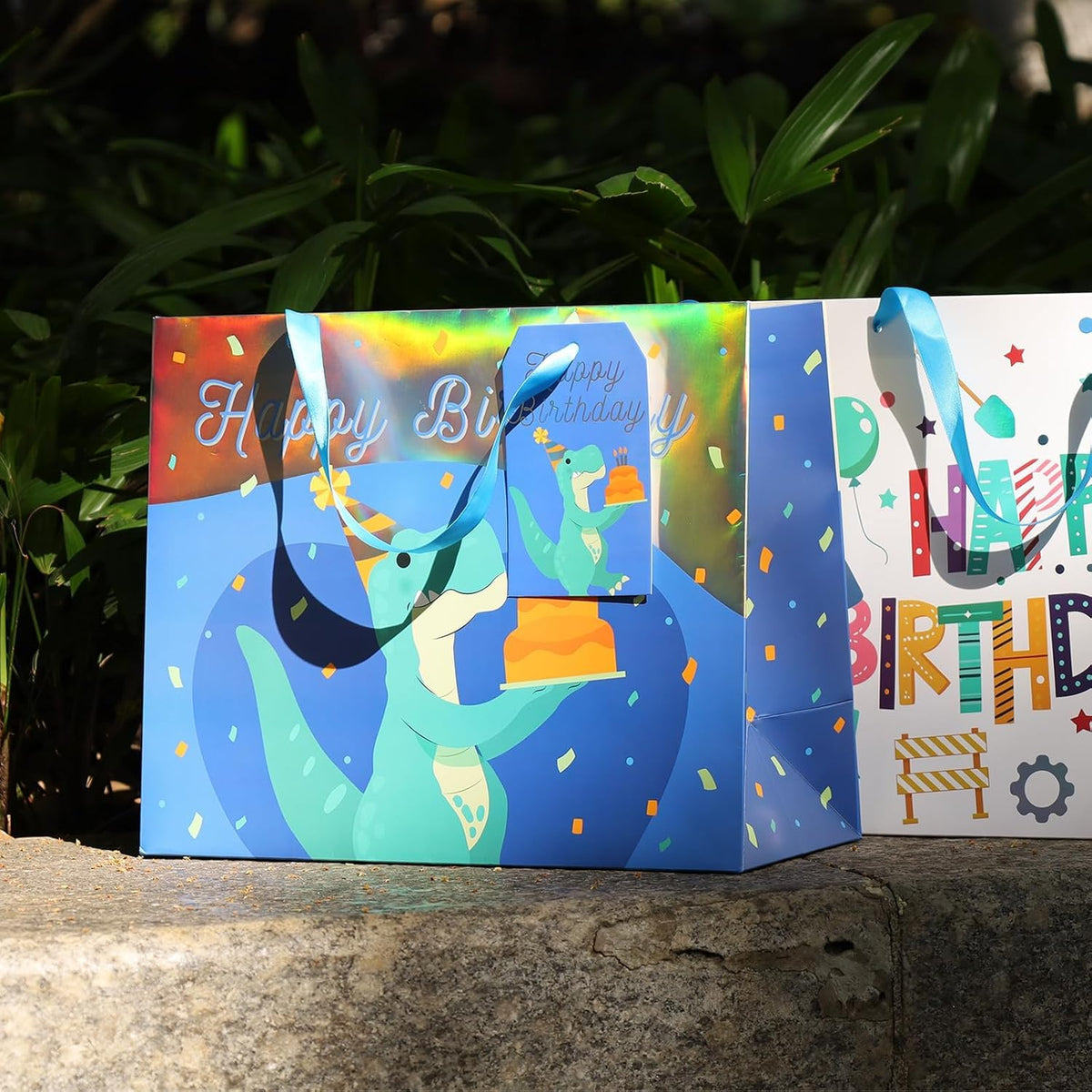 WRAPLA 13" Large Dinosaur Birthday Gift Bag, Blue Holographic Design