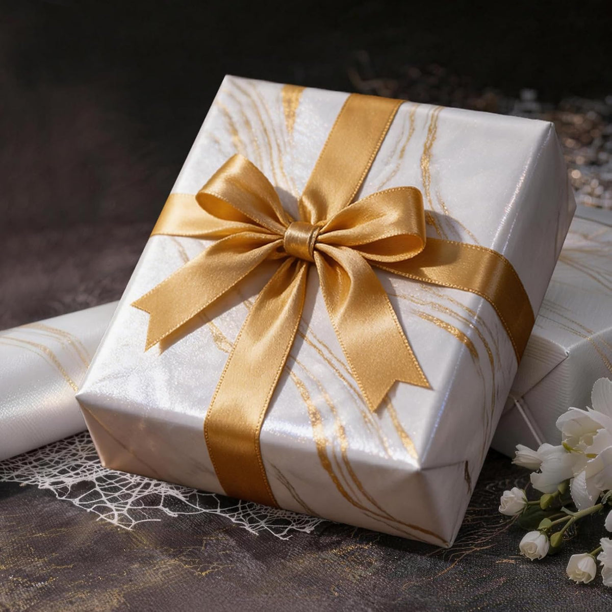WRAPLA Luxury Wrapping Paper, White Gold Botanical Foil for Wedding Gifts